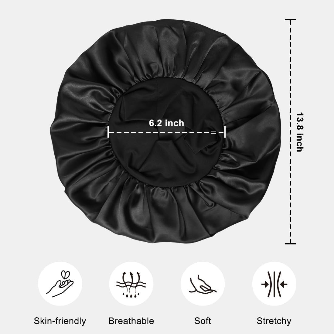 Satin Bonnet for Men, Silk Sleeping with Wide 13.8 Inch, A01-black