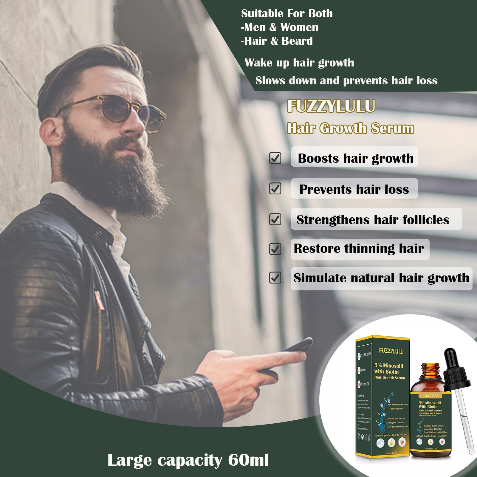 5% Minoxidil Biotin Hair Growth Serum for Healthier and Thicker Hair, 60mL