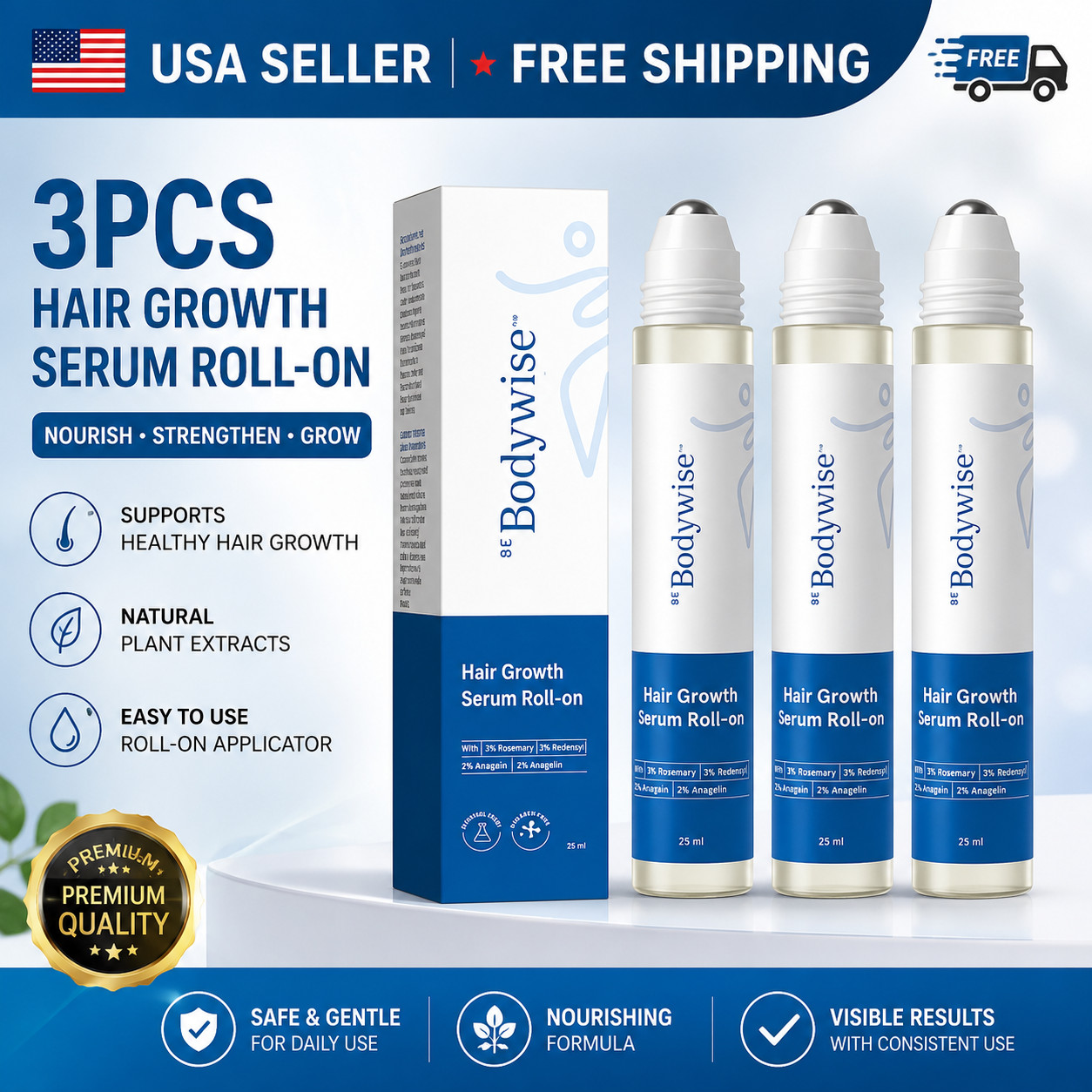 3-Pack Hair Growth Serum – Be Bodywise 3% Rosemary + 3% Redensyl (25ml Roll-On)