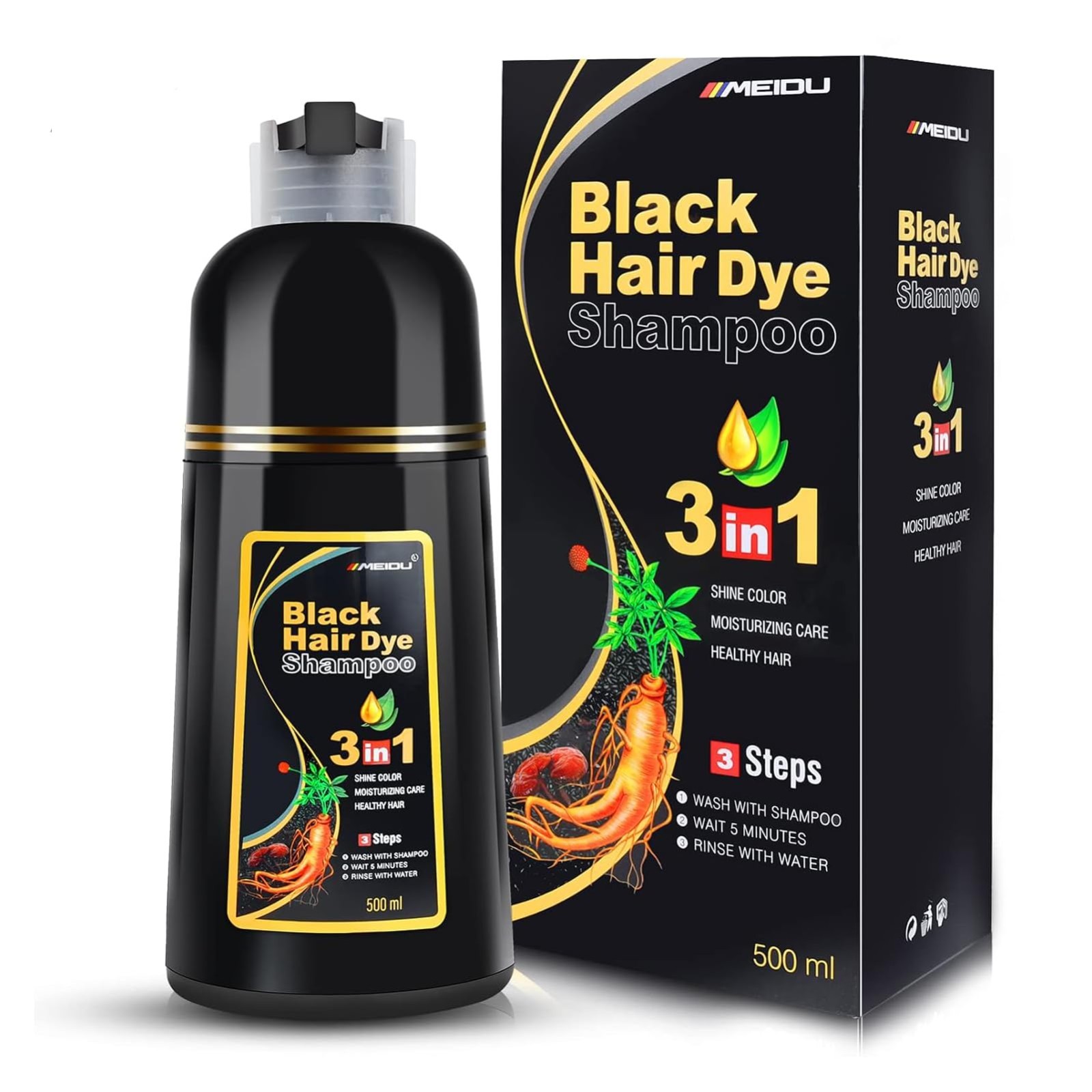 MEIDU Black Hair Dye Shampoo 3 in 1 Gray Coverage 500ml
