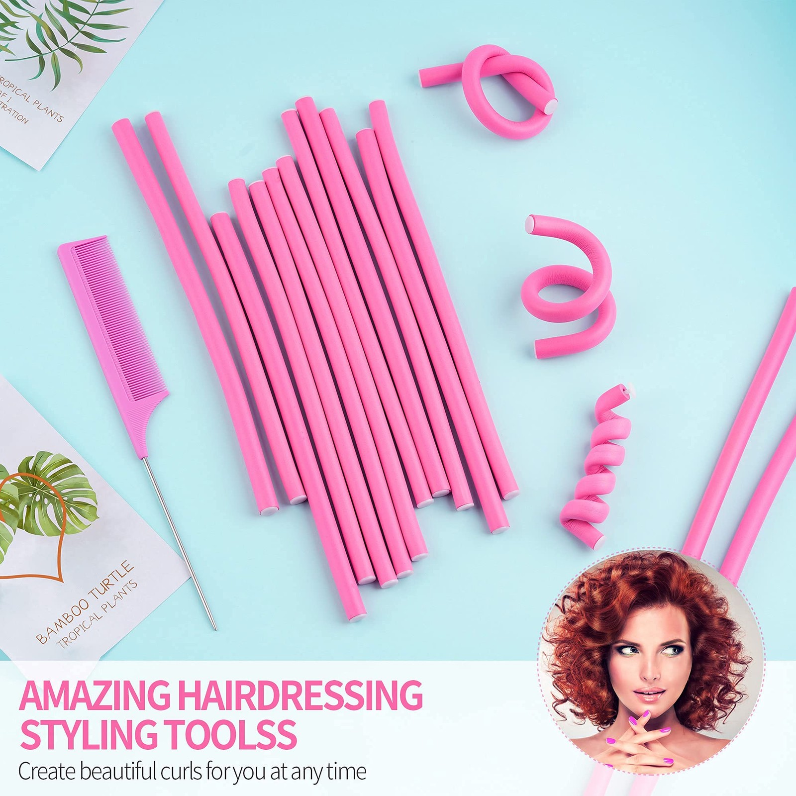 30PCS 9.45″ Flexi Rods Curlers Set for Short and Long 31 Piece Set, Pink