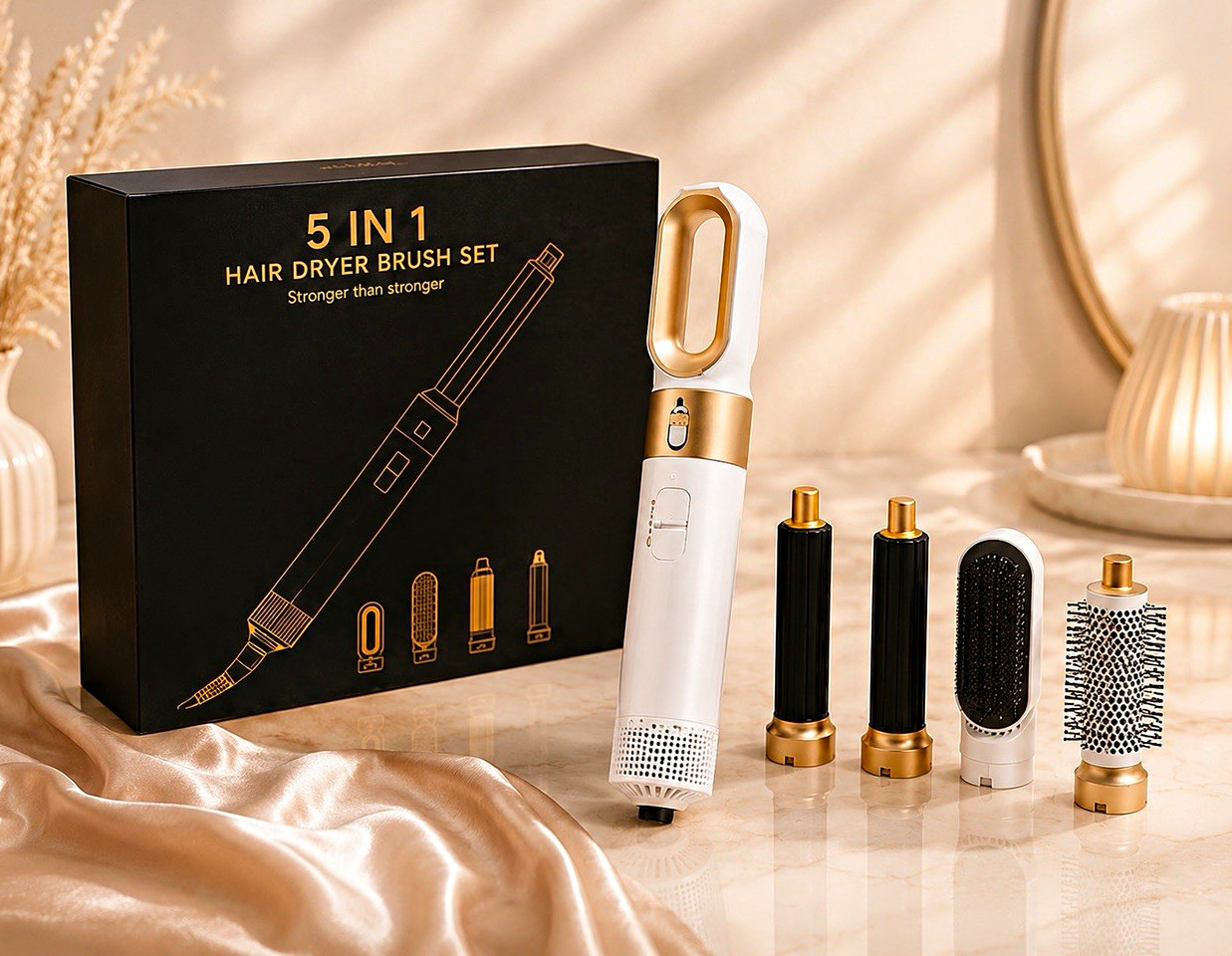 5-in-1 Electric Hair Dryer Brush Set w/ Attachments, White/Gold Plastic