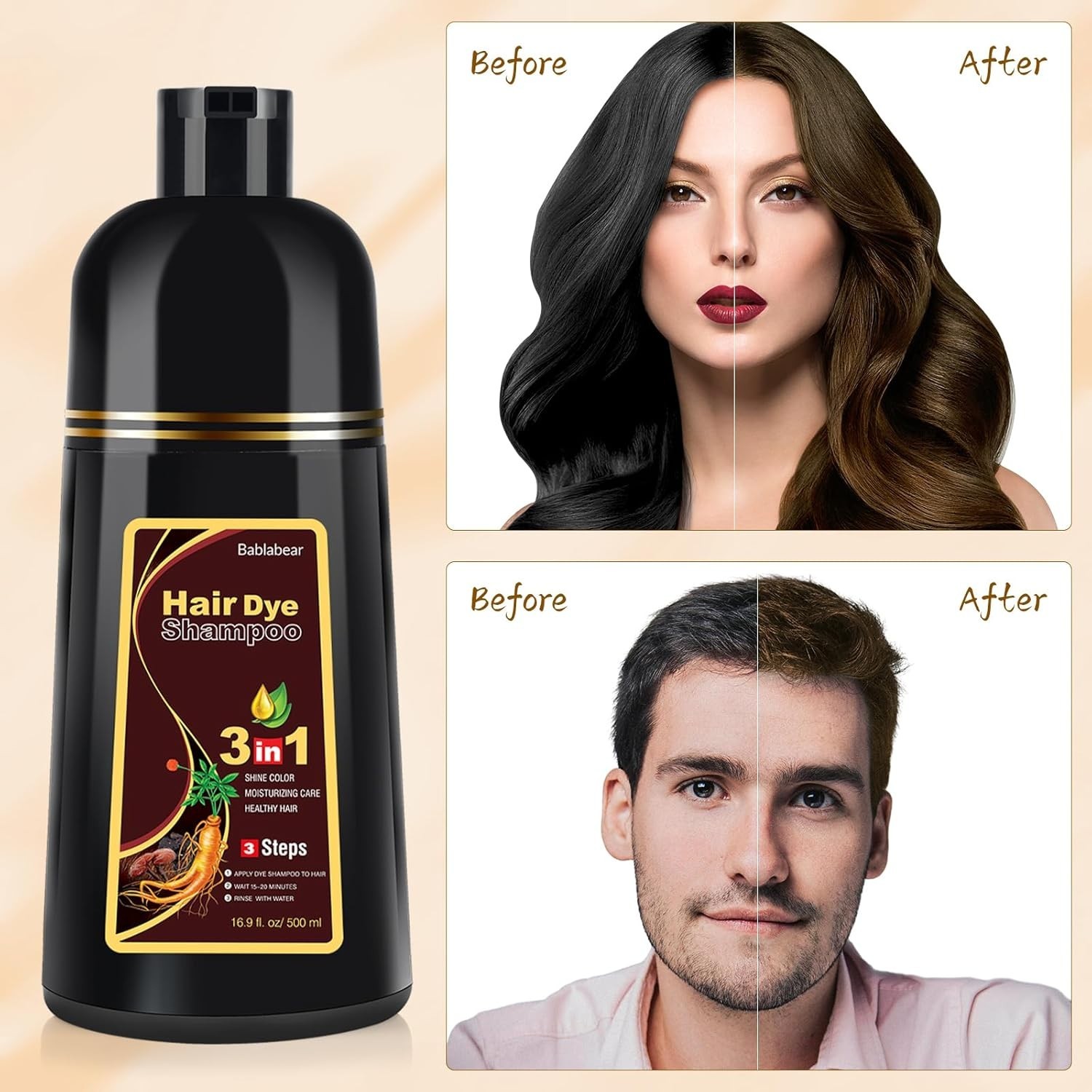 Hair Dye Shampoo for Gray Hair Coverage, 3 in 1 Natural Black Dye for Women Men