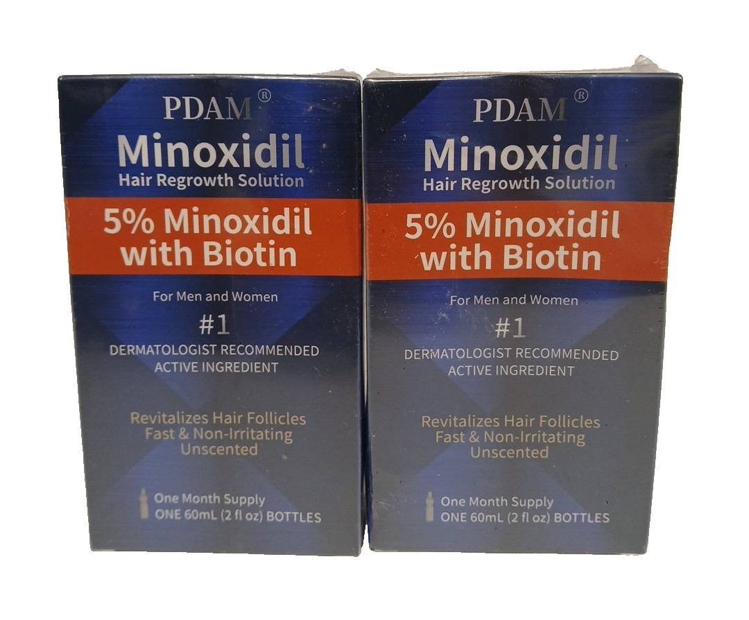 2 Pack PDAM 5% Minoxidil Biotin Hair Growth Two Month Supply 2FL Oz Exp 10/2026