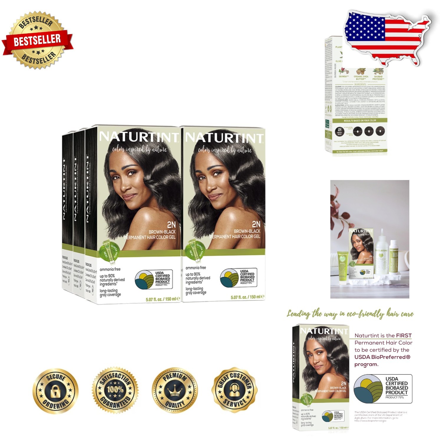Naturtint 2N Brown Black Hair Dye 6pk – USDA BioPreferred, Ammonia-Free,