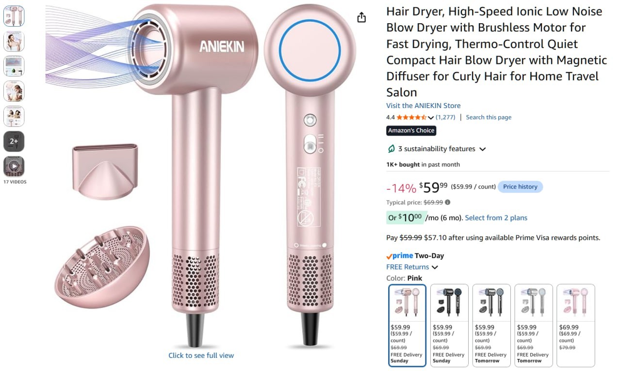 Hair Dryer, High-Speed Ionic Low Noise Blow Dryer with Brushless Motor for Fast