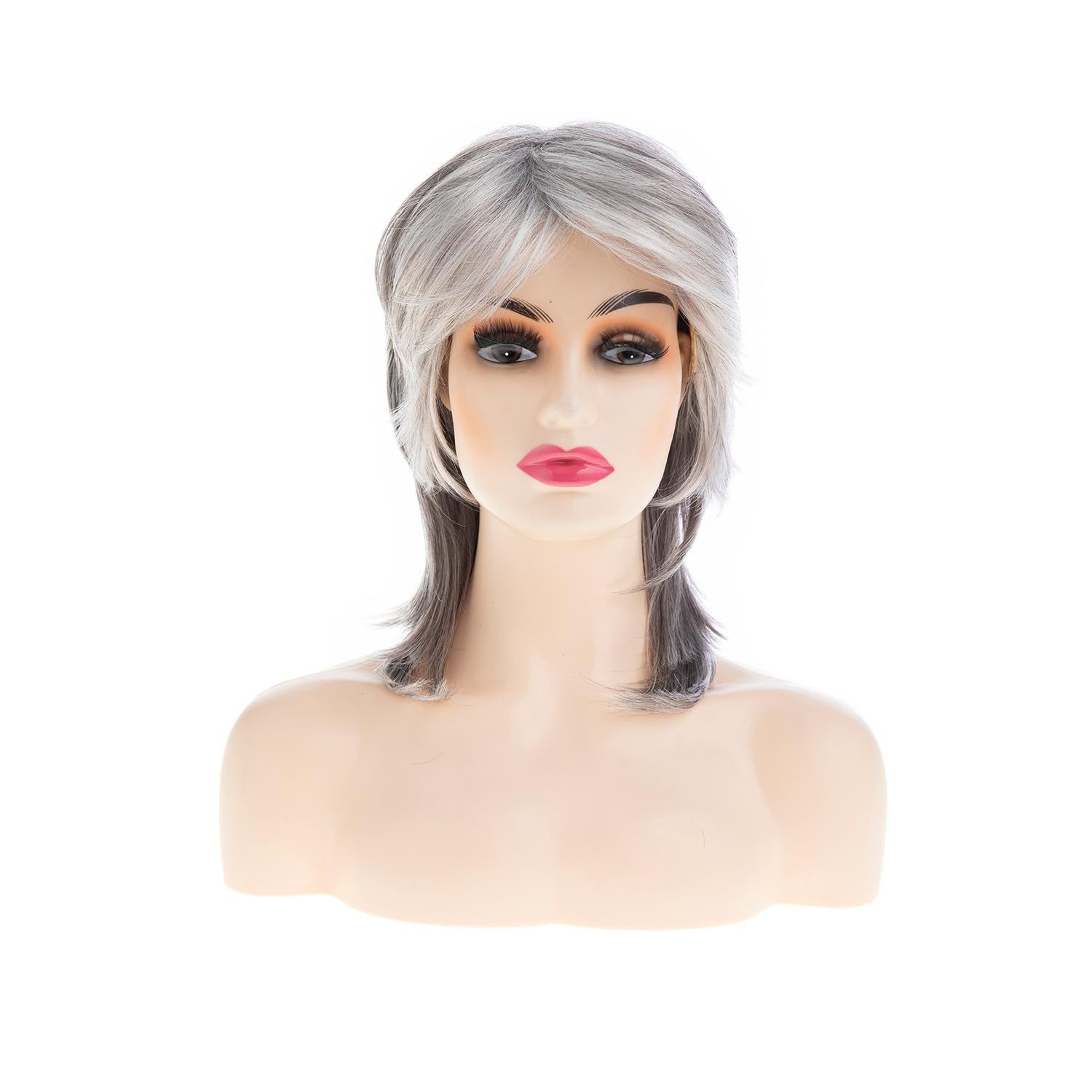 Mullet Wigs for Women Shoulder Length Gray White Layered Old Lady Wig Cosplay Pa