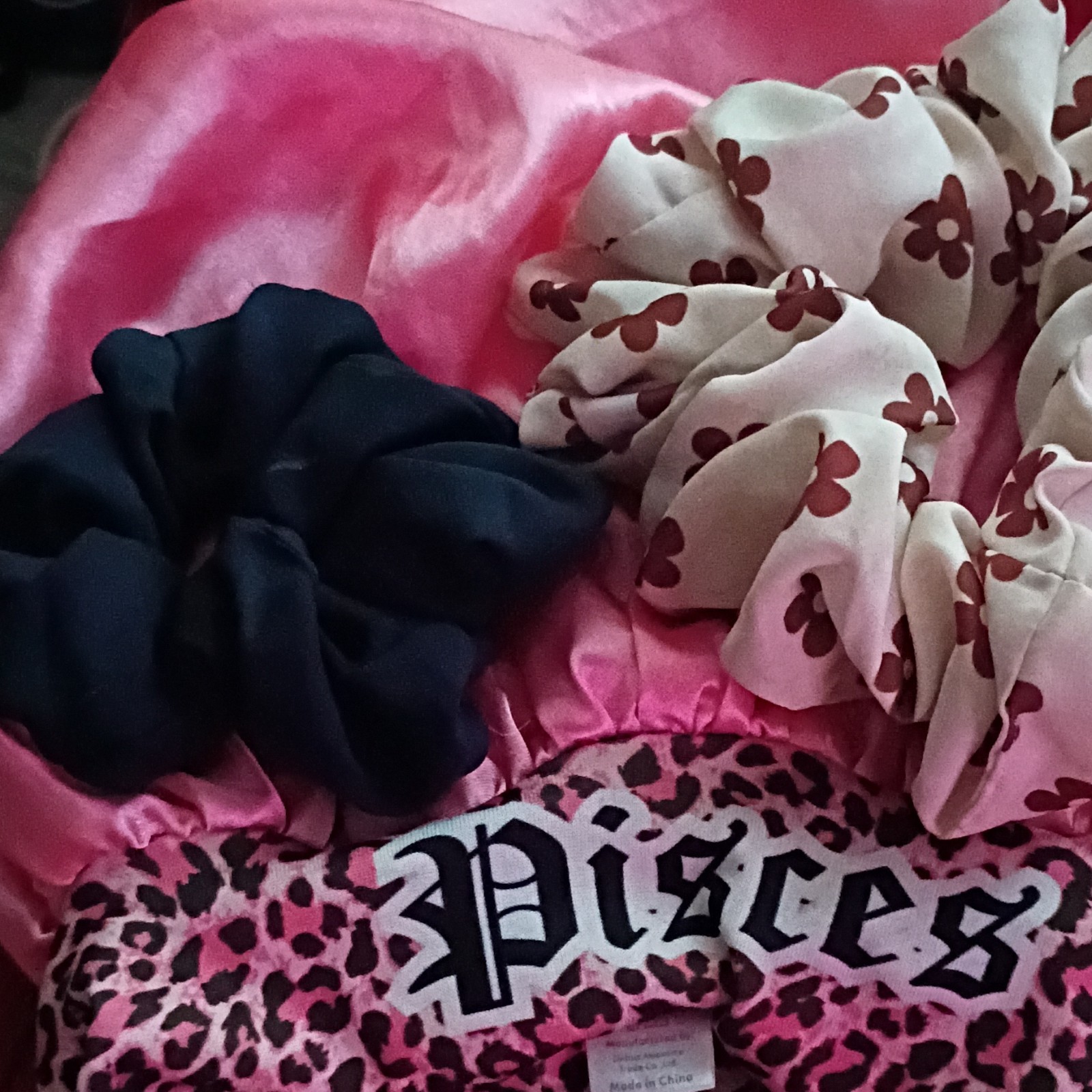 Women’s Fabric Hair Scrunchies Lot of 3 – Pink Black White, All Hair Types