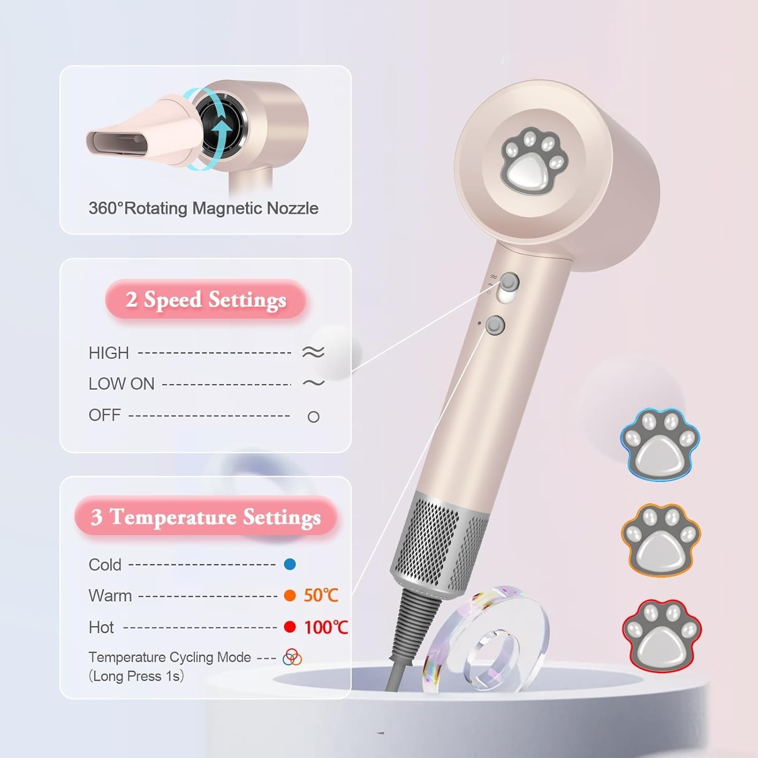 Professional 1300W Ionic Hair Dryer Fast-Drying Low-Noise Blow Dryer Travel