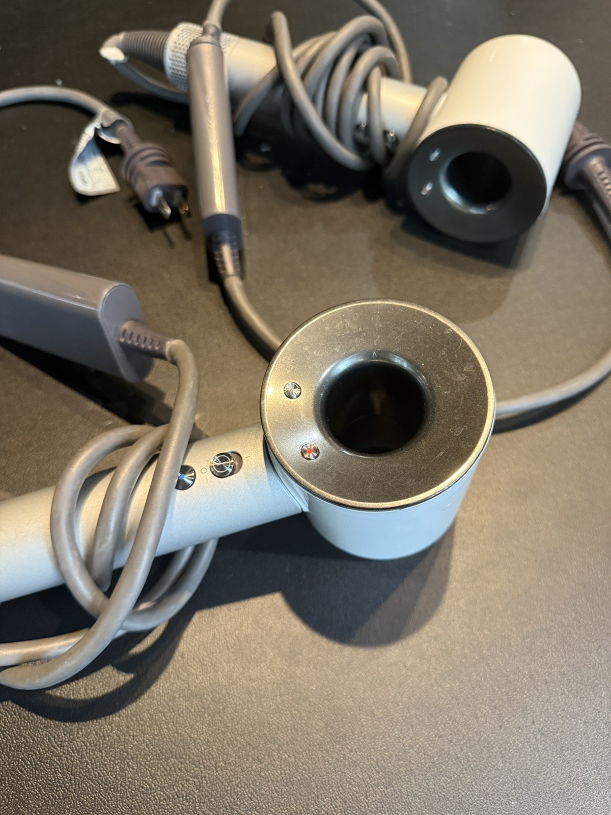 2 LOT – Dyson HD01 Hair Dryers, Silver/White – FOR PARTS or REPAIR – NOT WORKING