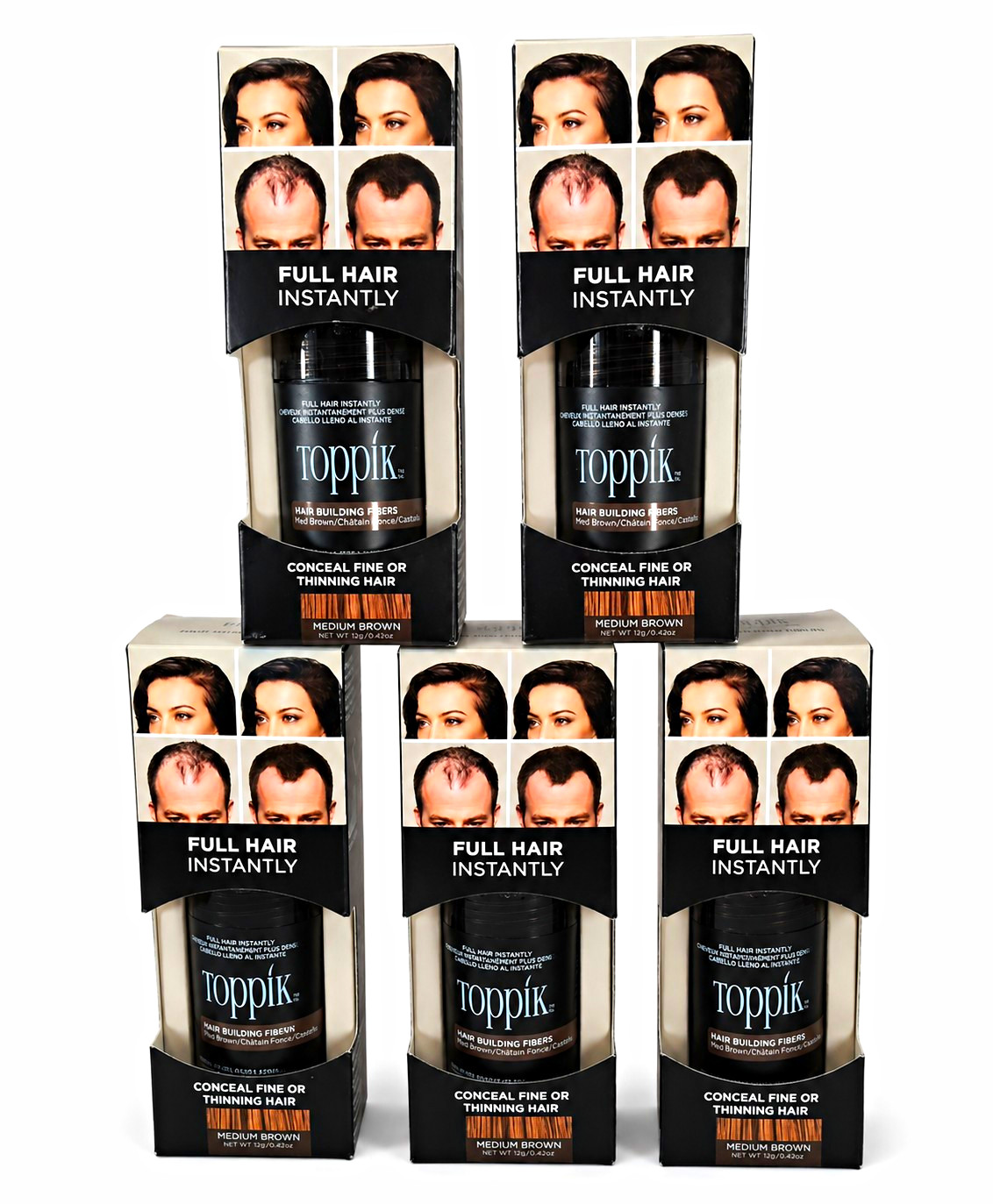 5 Toppik Hair Building Fibers Medium Brown Powder, Keratin, 0.42 oz (12g)