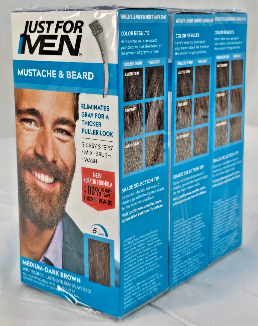 3 PACK – Just For Men M-40 – MUSTACHE and BEARD – MEDIUM-DARK BROWN with Keratin