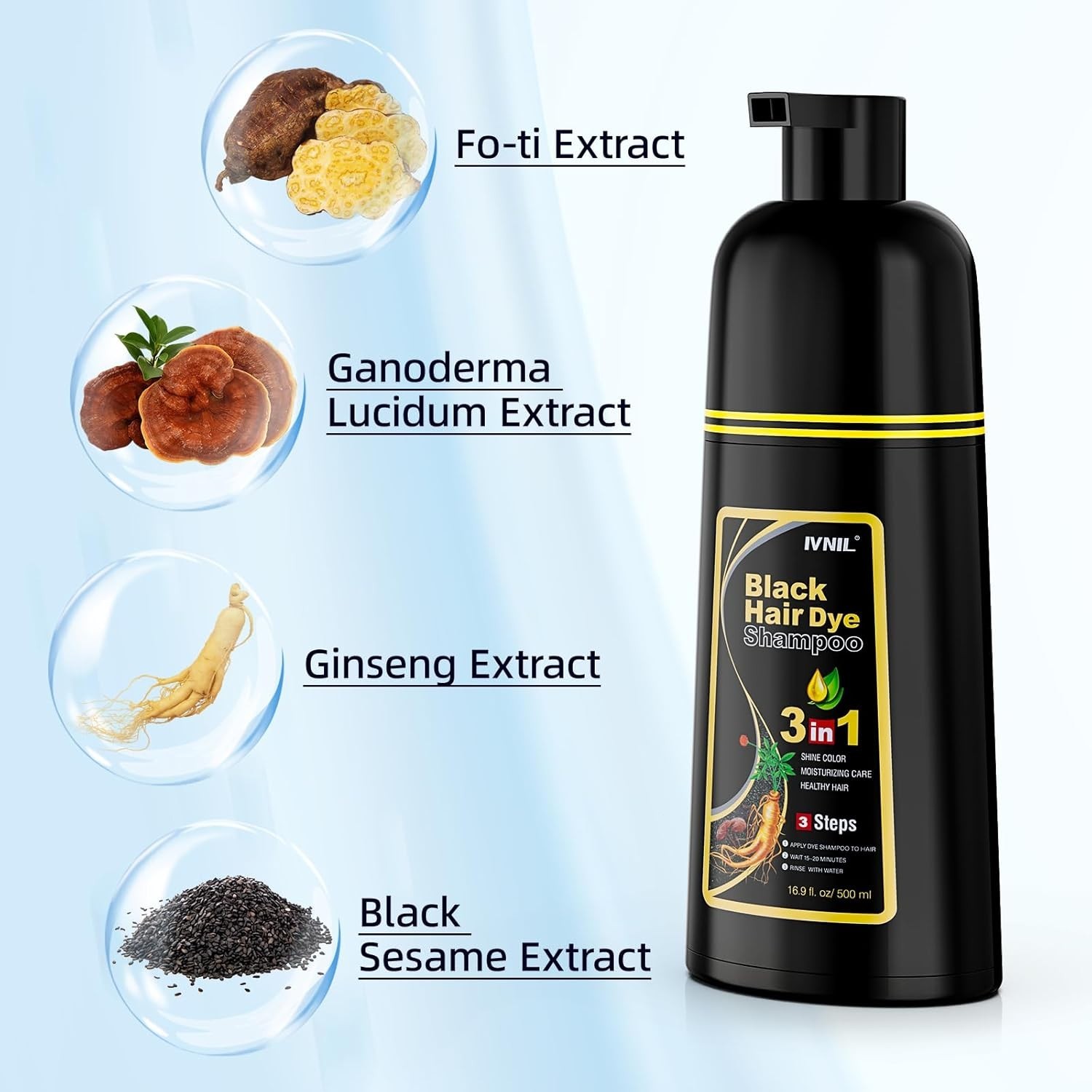 Black Hair Dye Shampoo 3 in 1 for Women/Men for Gray Coverage Instant Hair Color