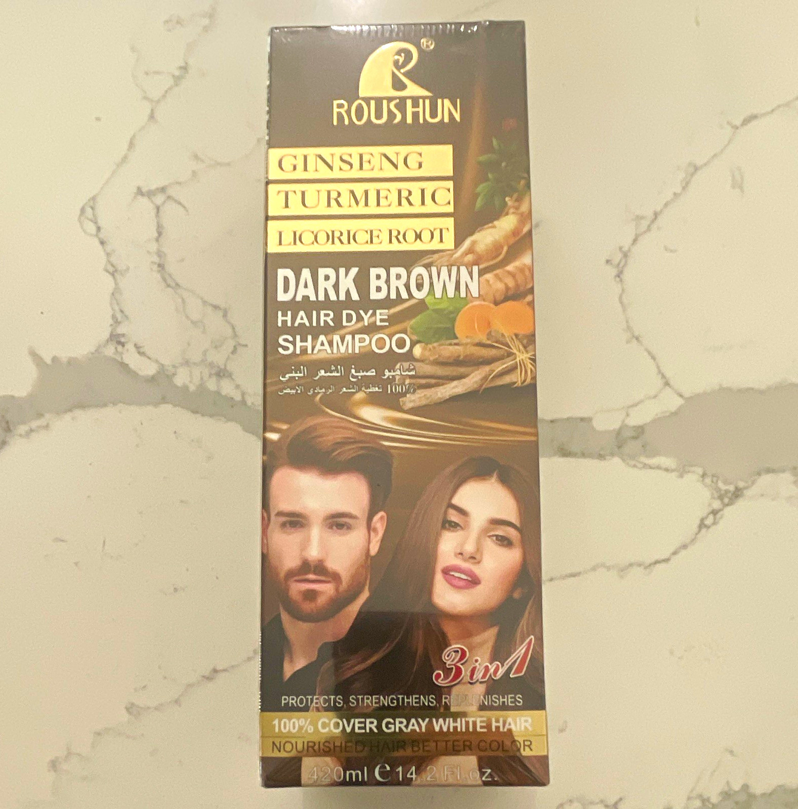 ROUSHUN 3-in-1 Ginseng Turmeric Licorice Root Dark Brown Hair Dye Shampoo 420ml