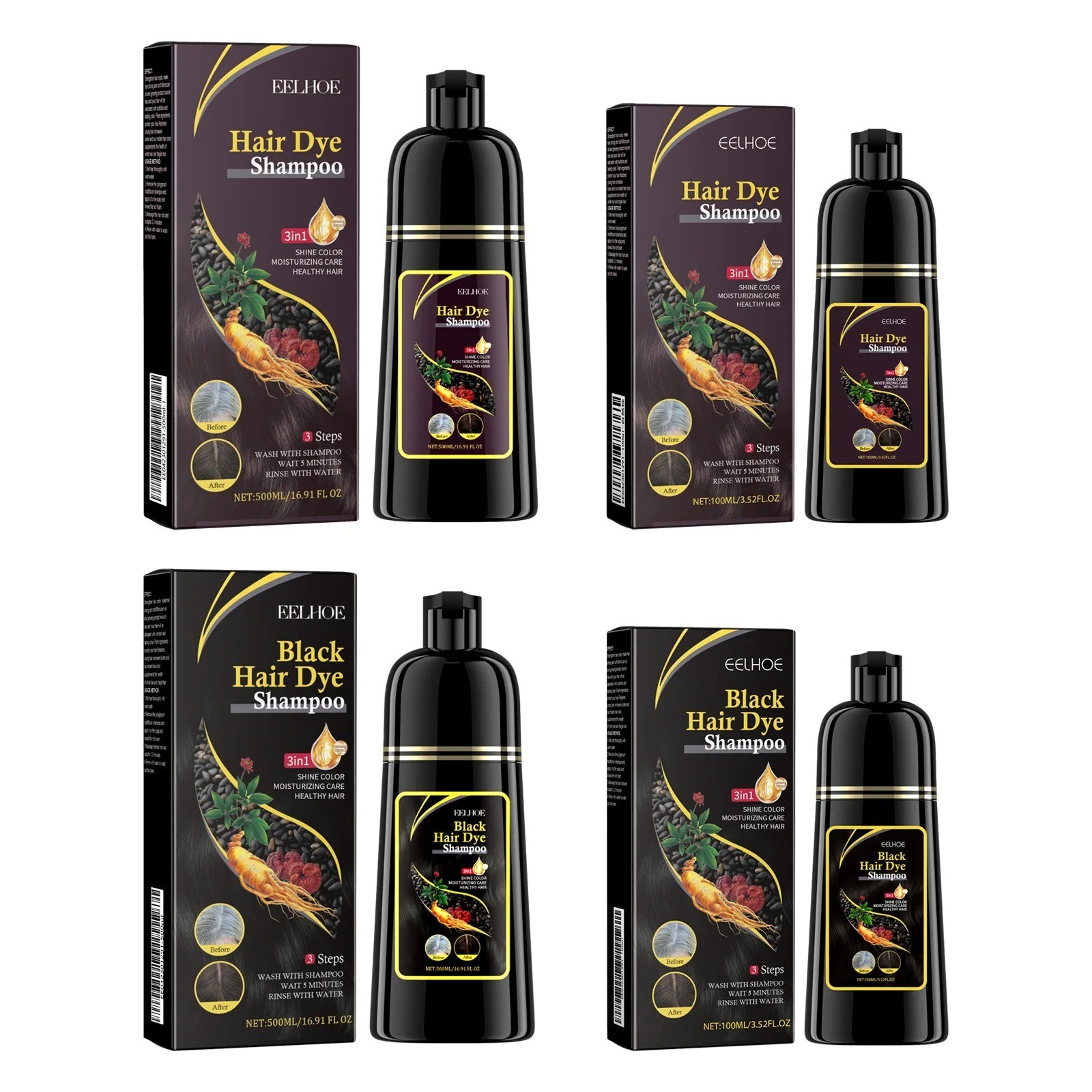 Black Hair Dye Shampoo 3 in 1 Growth Clean Hair Darkening Deep Nourishing Black