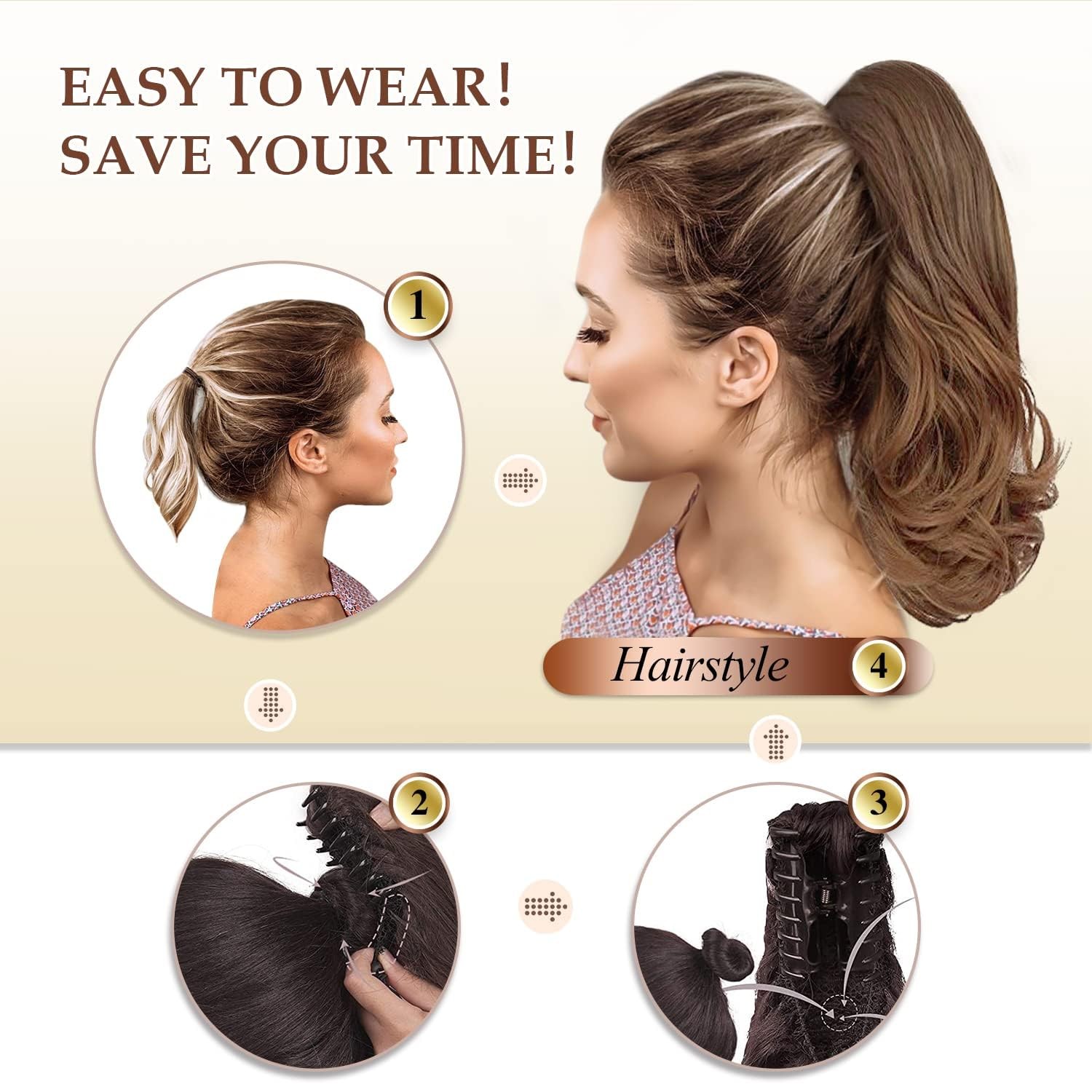 13″ Ponytail Extension Long Curly Ponytail Clip in Claw Hair Extension Natural