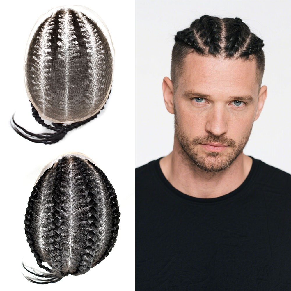Cornrow Braids Toupee for Men Hairpiece Box Braided Mens Hair Unit Male Braiding