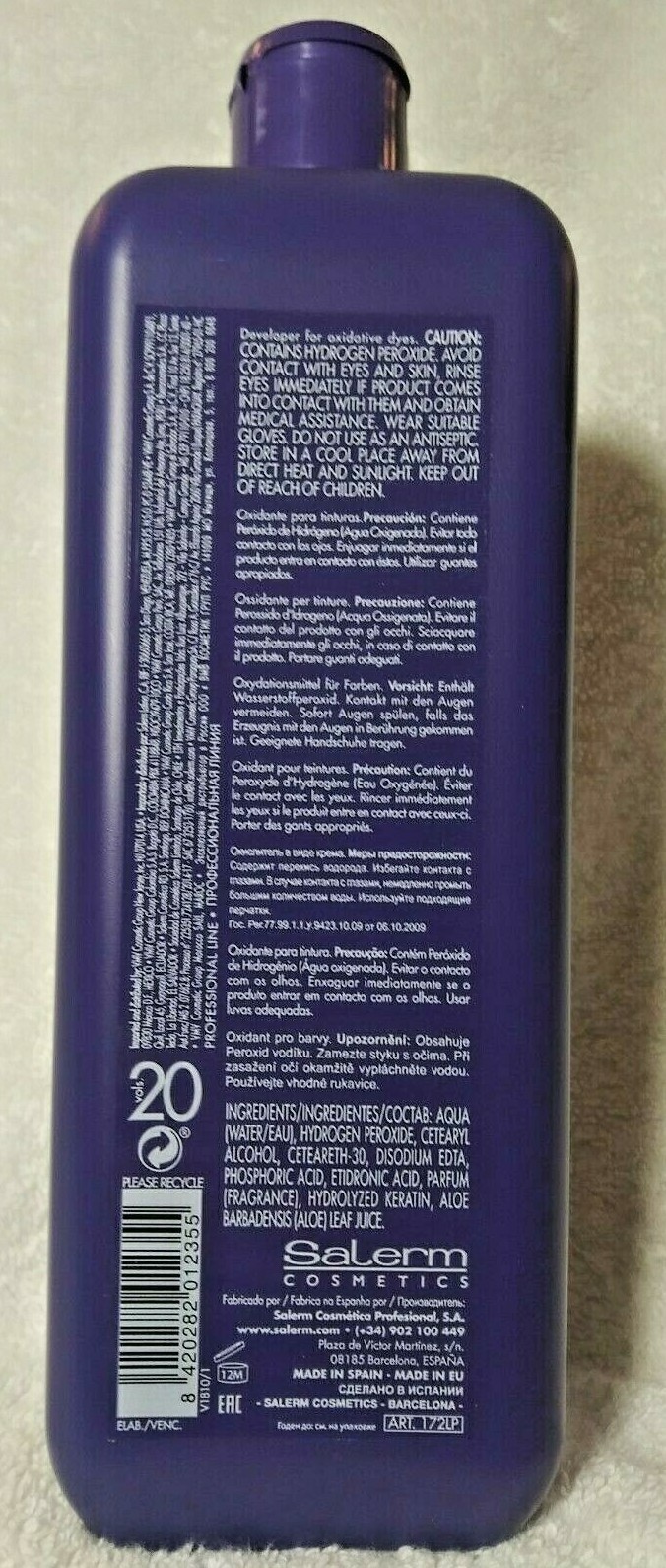 Salerm Cream Oxidant Developer Peroxide Oxidant 20 Vol. 6% Aloe Vera 36oz/1000ml
