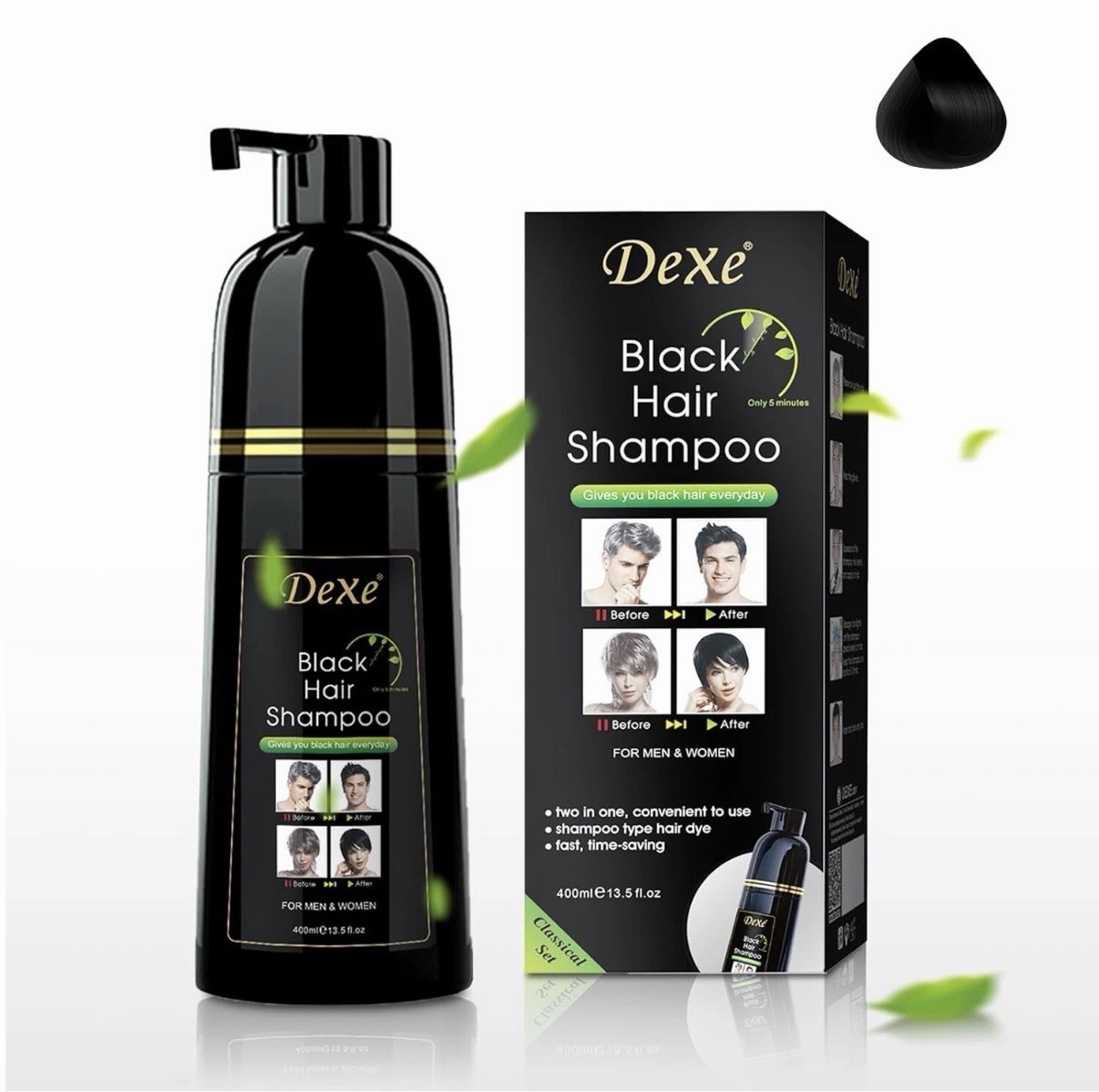 Dexe Instant Black Hair Dye Shampoo, Gray Hair Coverage For Women & Men, 400 ML
