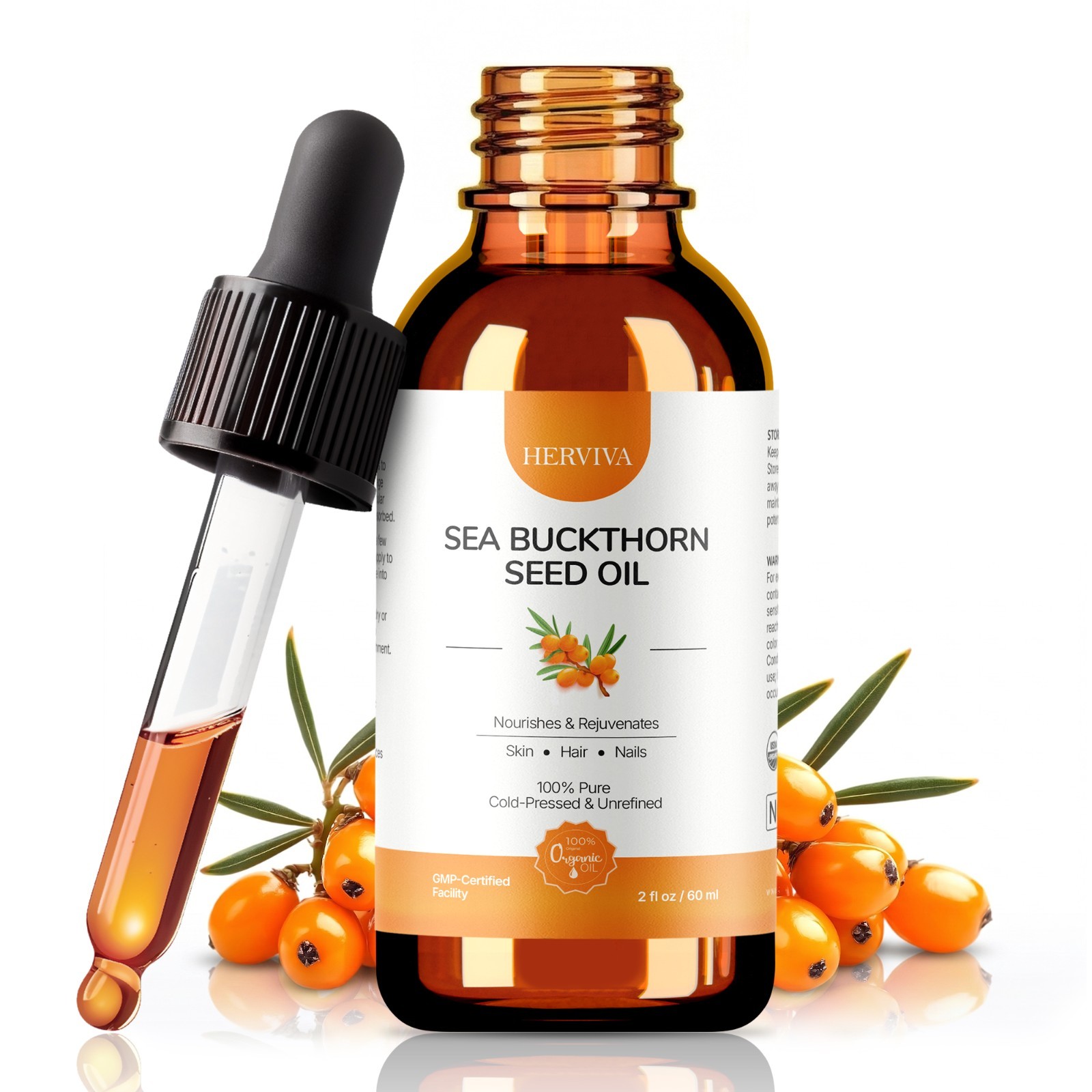 Sea Buckthorn Seed Oil, Cold-Pressed Oil, 2 fl oz / 60ml Pure Omega-Rich Oil