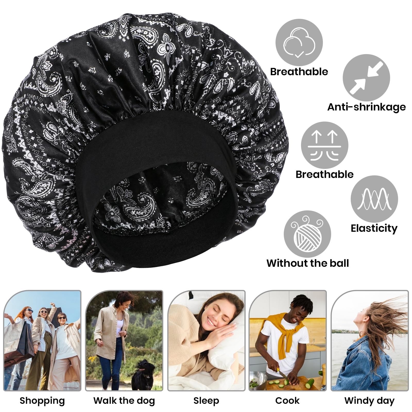 WLLHYF Silk Bonnet for Men, Satin Elastic Band One Size, Amoeba Black