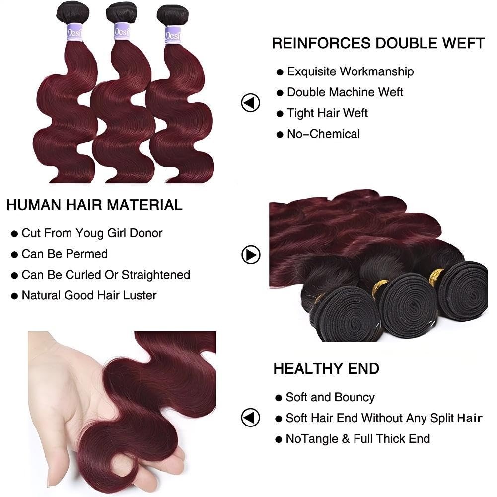 UDesire 1b/99j Ombre Burgundy Brazilian Virgin Hair Body Wave Bundles 16 18 20