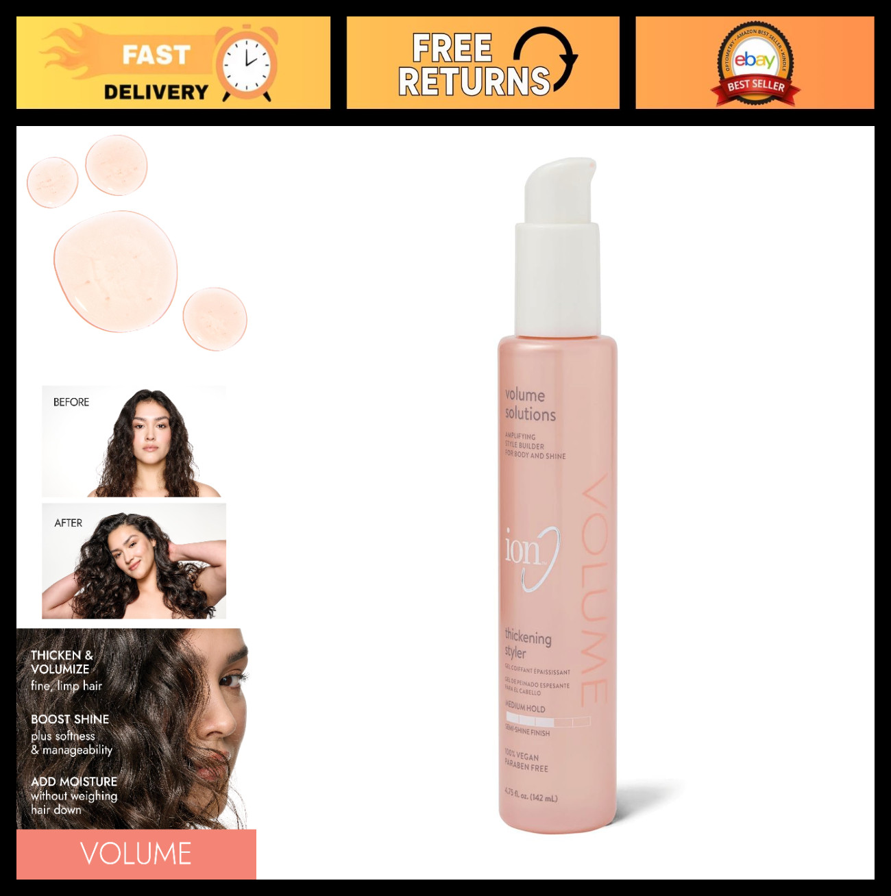 Vegan Thickening Styler – Light Hold, Flexible Control, Adds Volume & Shine