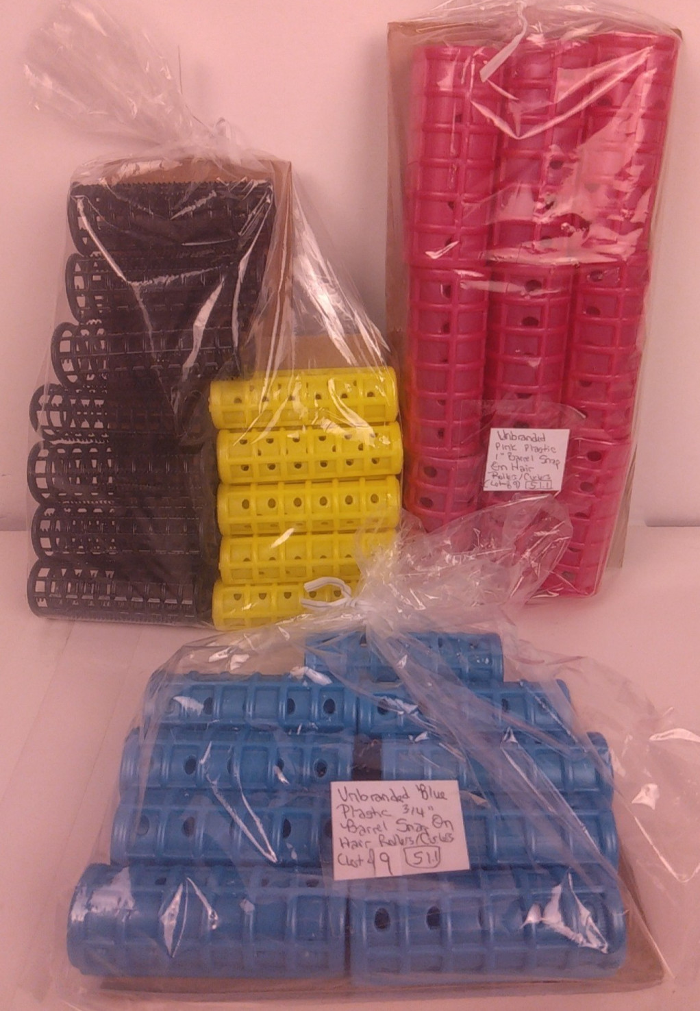 Unbranded Pink/Blue/Black/Yellow Plastic Rollers/Curlers (Lot Of 30).