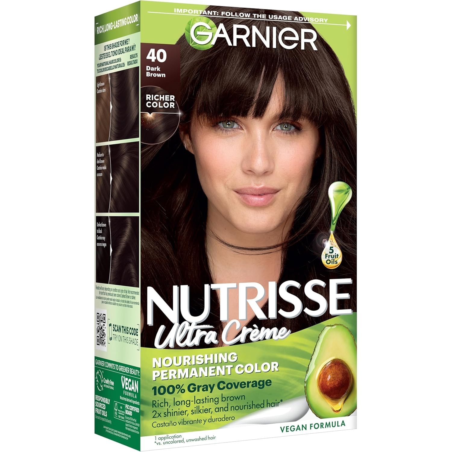 3PACK Garnier Nutrisse Nourishing Permanent Hair Color Creme, 40 Dark Brown