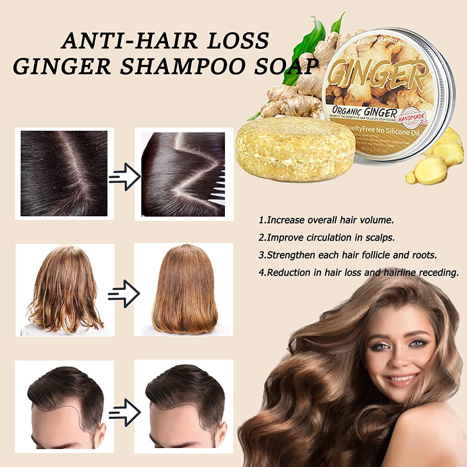 3PCS Ginger Hair Regrowth Shampoo Bar Hair Growth Soap Hair Loss Treatment USA