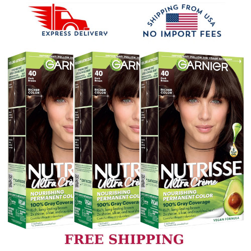 3PACK Garnier Nutrisse Nourishing Permanent Hair Color Creme, 40 Dark Brown