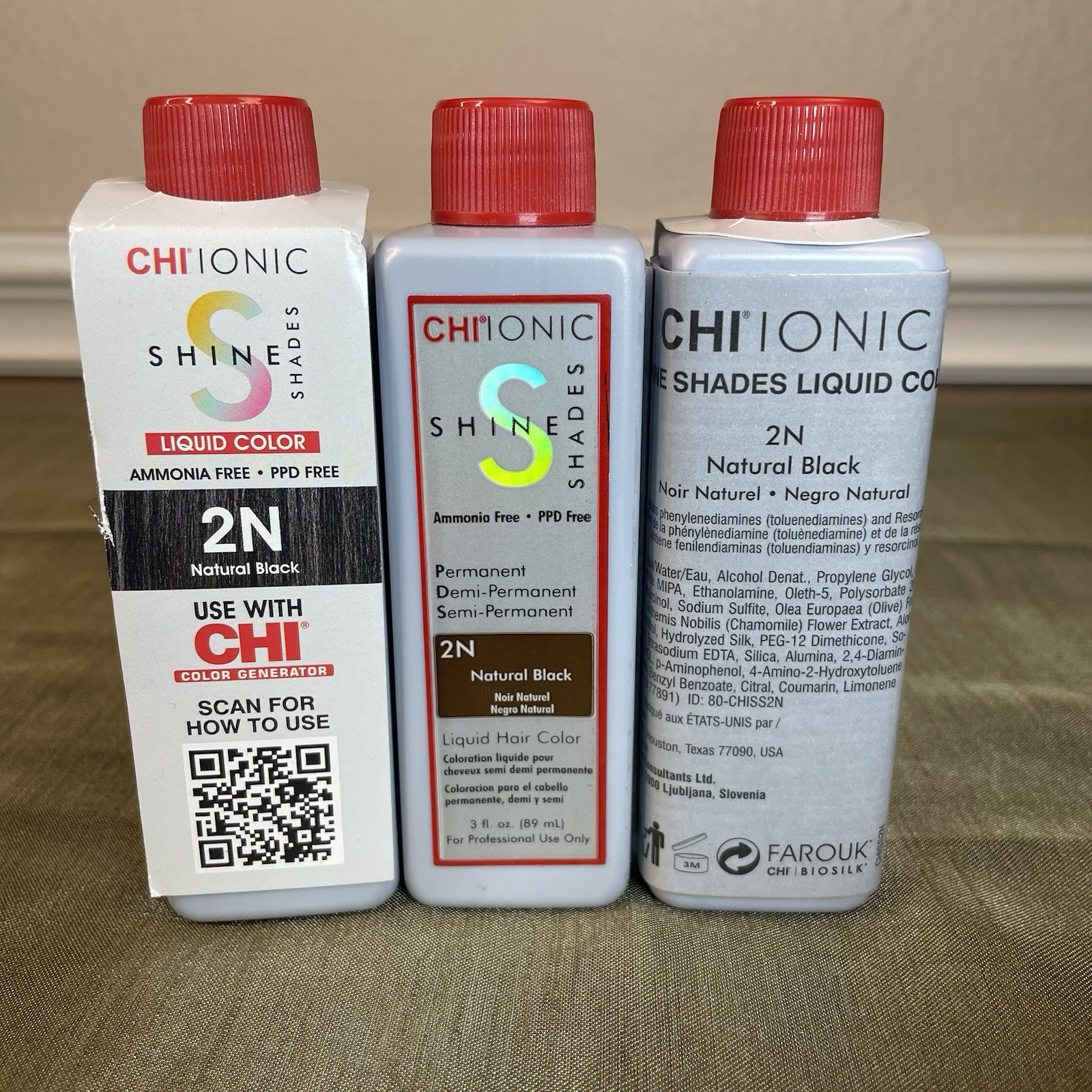 3PK Chi Ionic Shine Shades Natural Black (2N) Permanent/Demi/Semi Hair Die NIB
