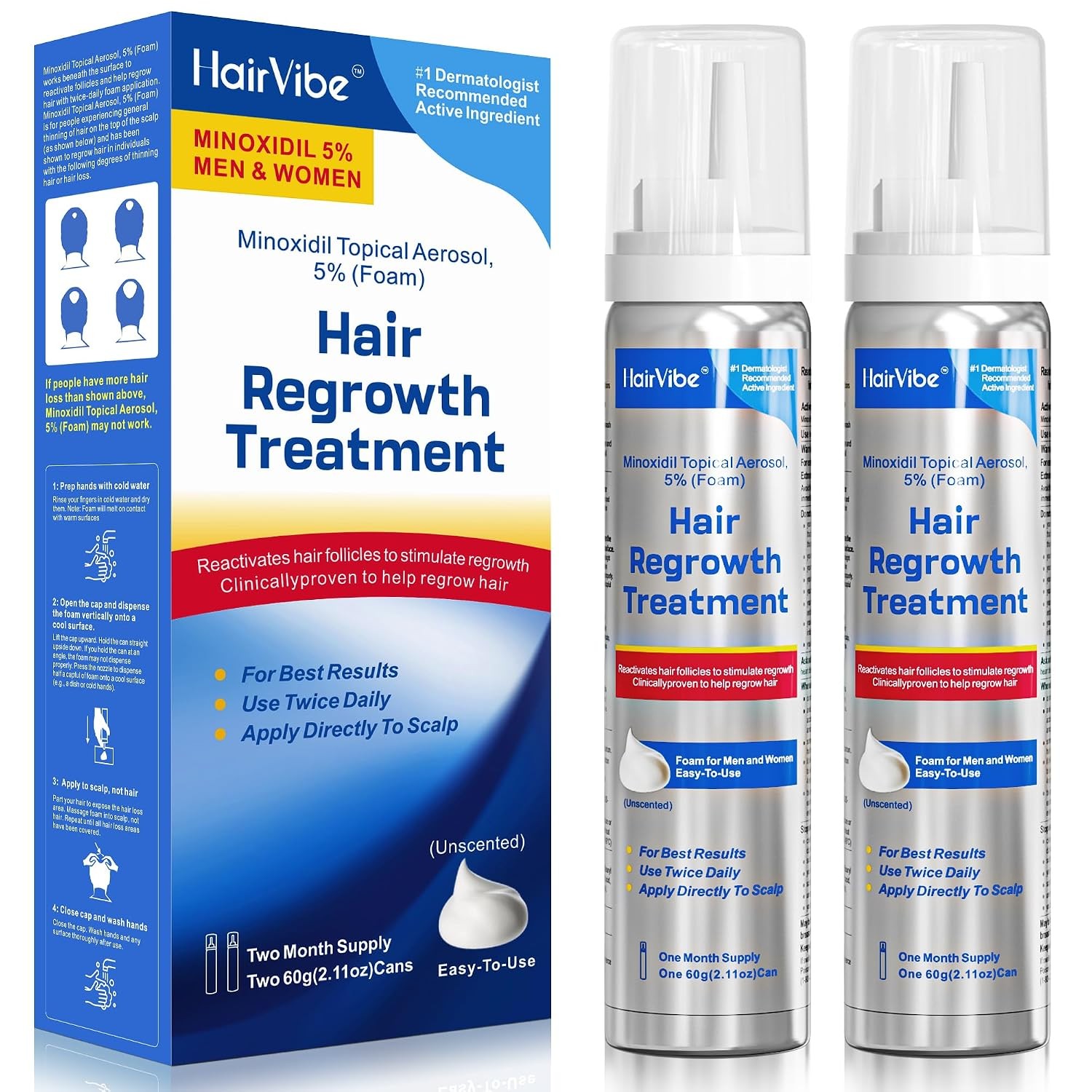 5% Minoxidil Foam Hair Regrowth Treatment 2 Pack for Men Women