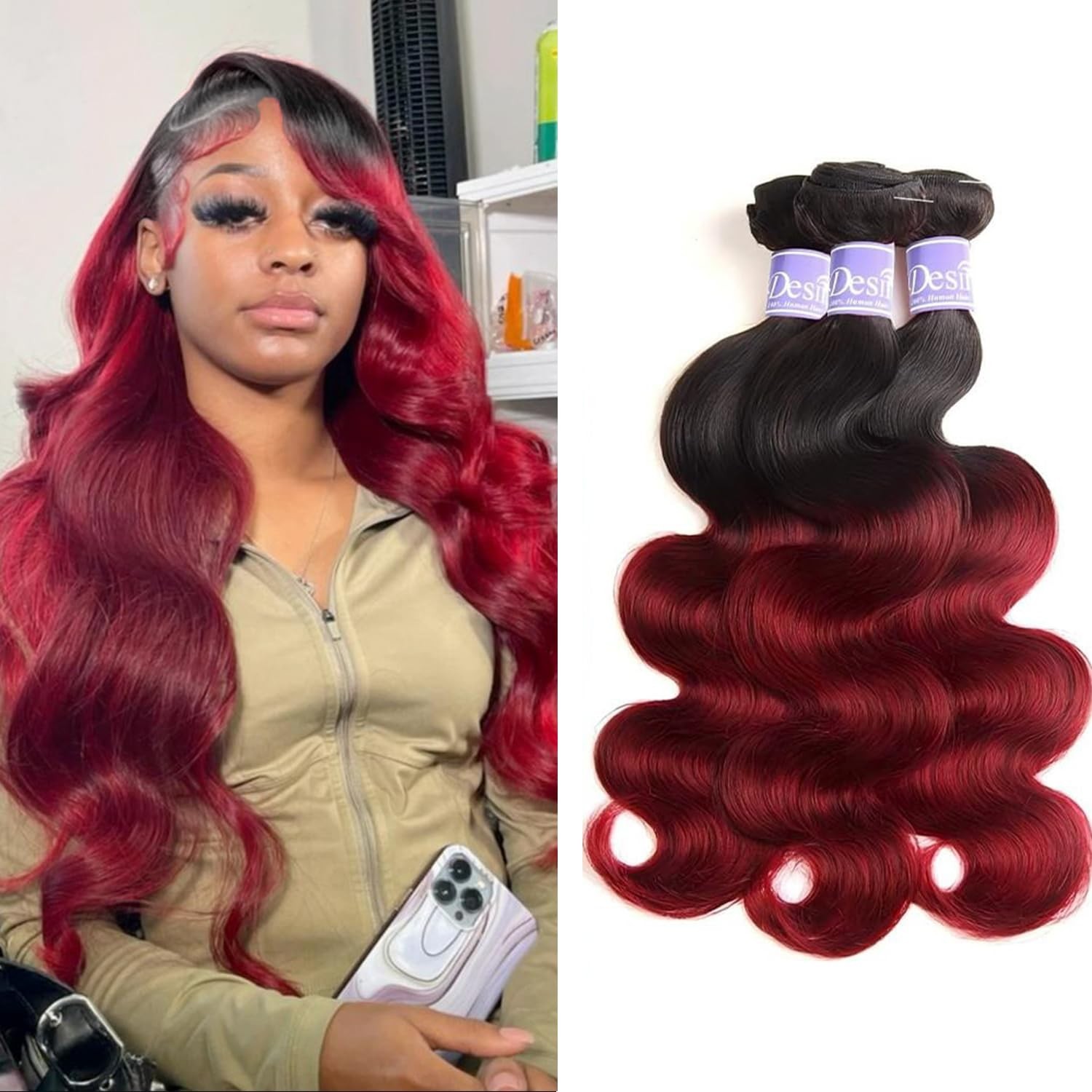 UDesire 1b/99j Ombre Burgundy Brazilian Virgin Hair Body Wave Bundles 16 18 20