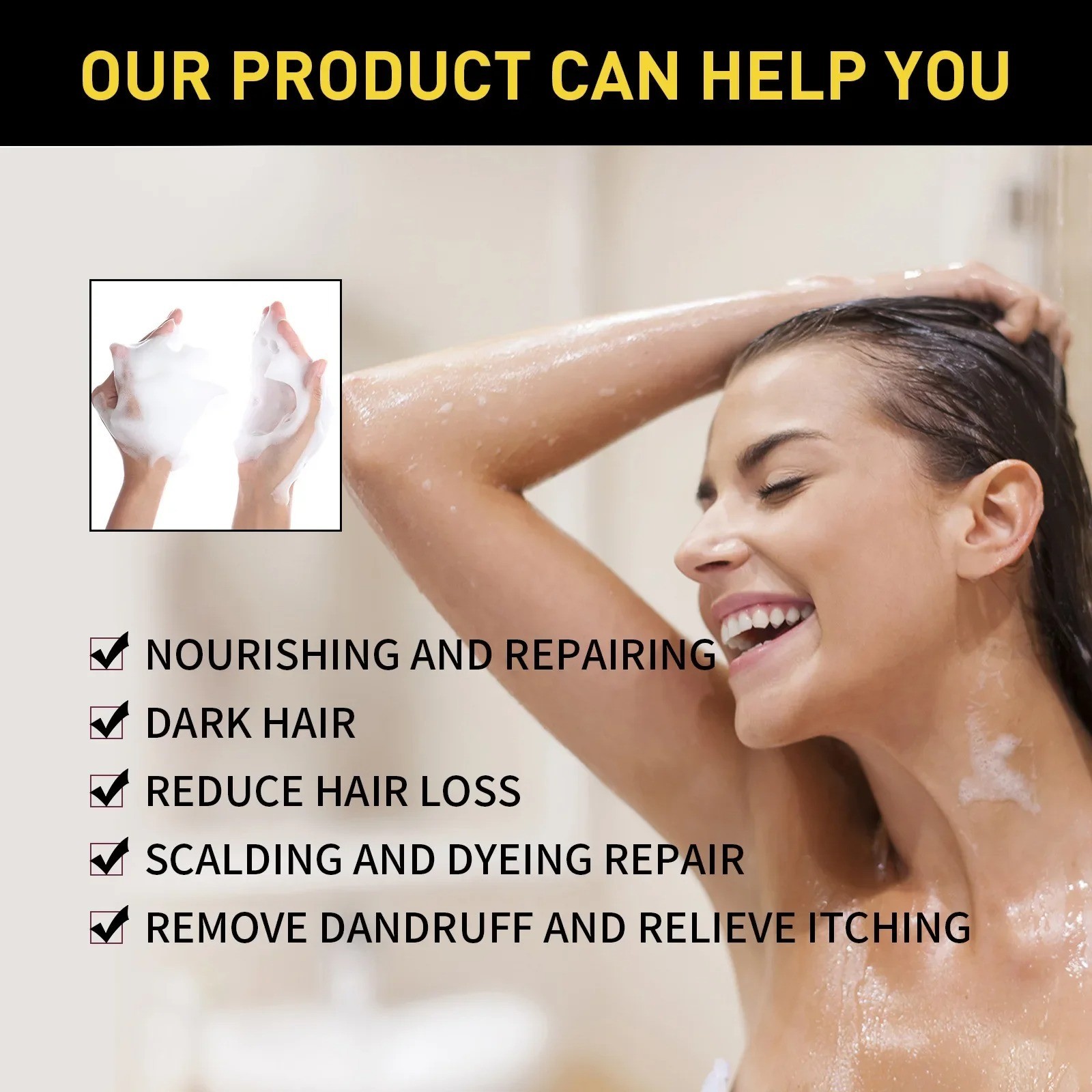 Black Hair Dye Shampoo 3 in 1 Growth Clean Hair Darkening Deep Nourishing Black