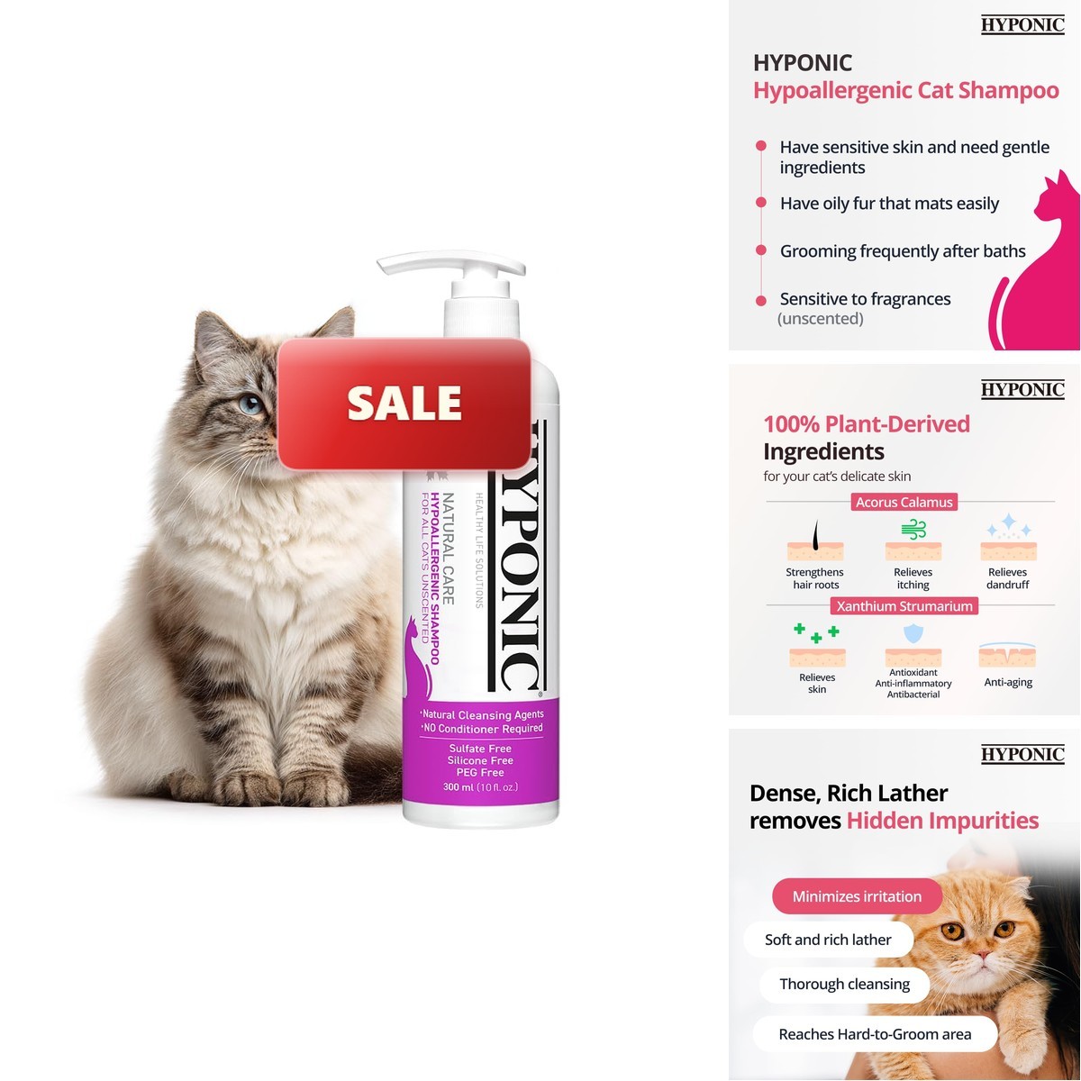 HYPONIC G400 Hypoallergenic Shampoo for Cats Unscented 10.14 oz