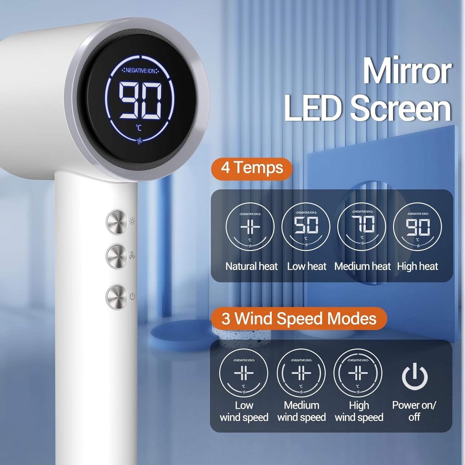 High-Speed Hair Dryer With Diffuser Negative Ions Magnetic Nozzle LED Display