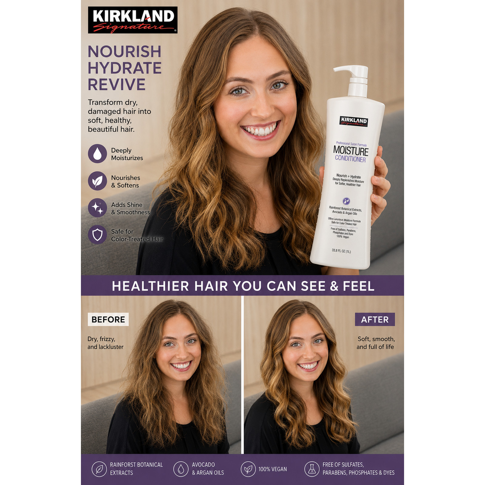 Kirkland Signature Moisture Conditioner 33.8 oz Vegan Salon Formula Argan Oil