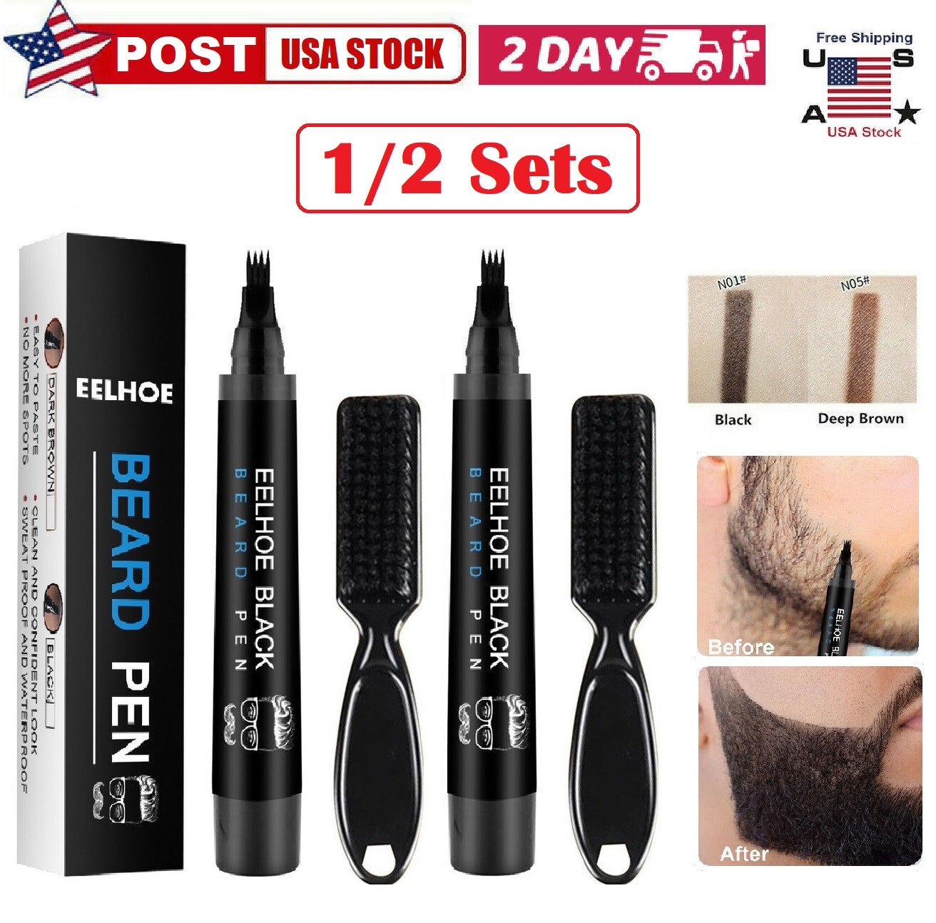 2 × Men Beard Filling Pen Hair Grower Filler Moustache Eyebrow Brush Tool Kit US
