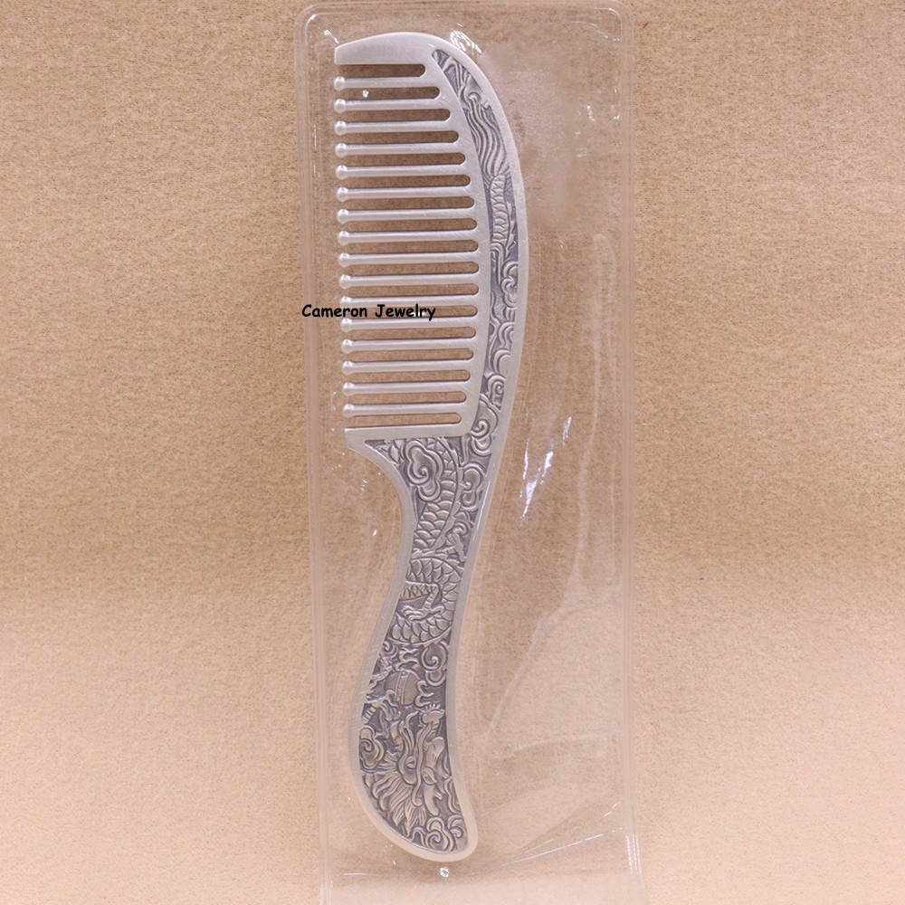 Pure 999 Fine Silver Dragon Phoenix Wide Tooth Hair Comb Massage Gift 40g 4.9in
