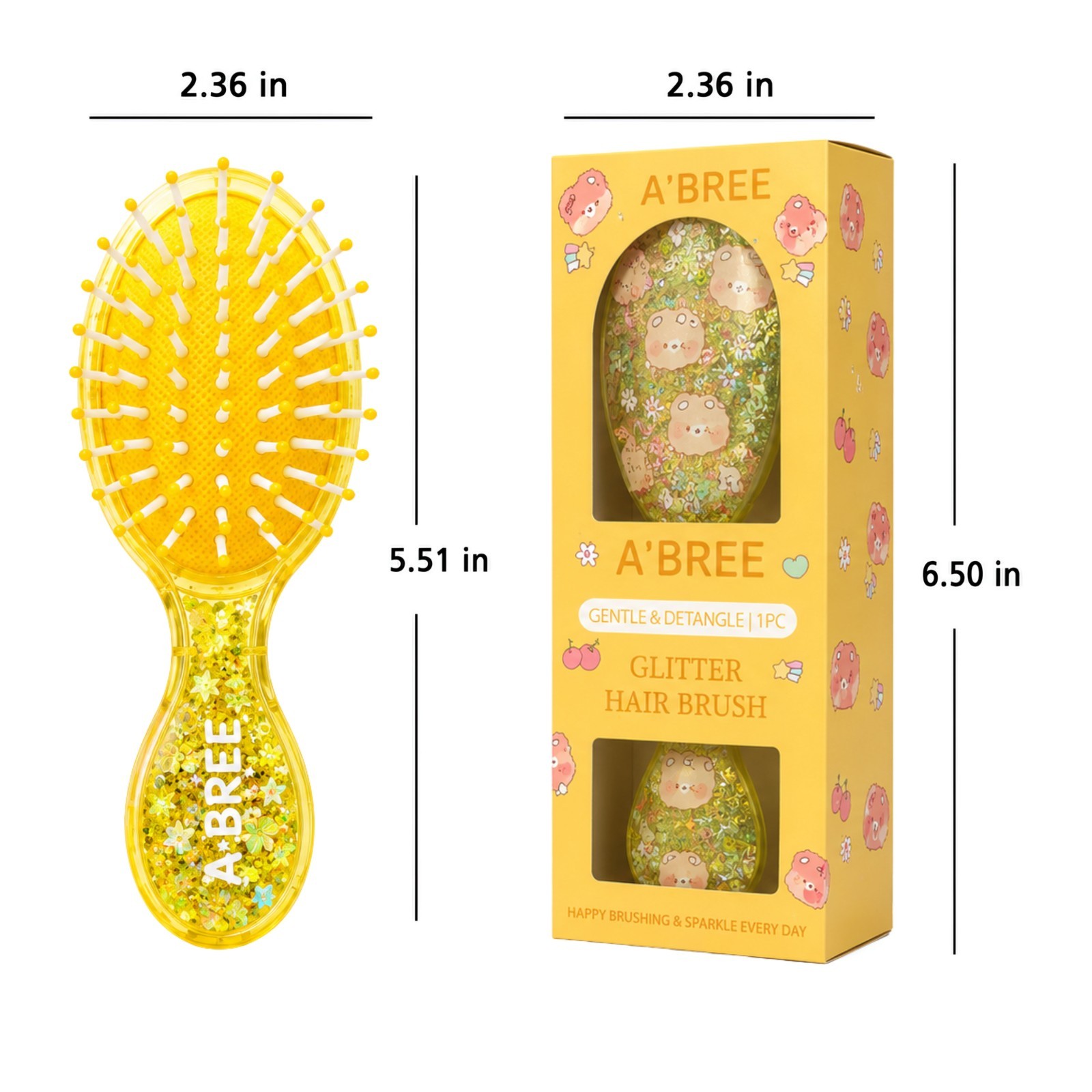 A’BREE Mini Glitter Detangling Hair Brush for Kids Girls Women_Sunny Yellow
