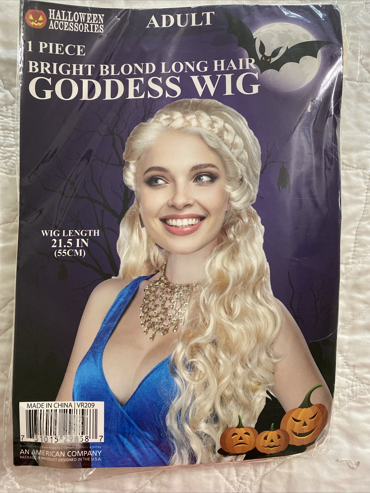 Adult Bright Blond Long Hair Goddess Wavy Wig w/ Braid, 21.5″