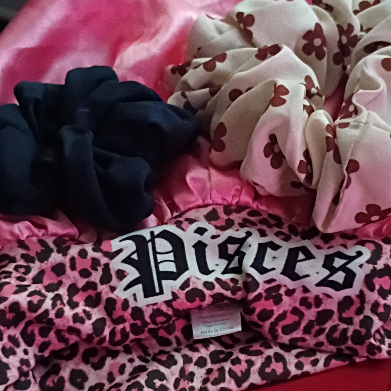 Women’s Fabric Hair Scrunchies Lot of 3 – Pink Black White, All Hair Types