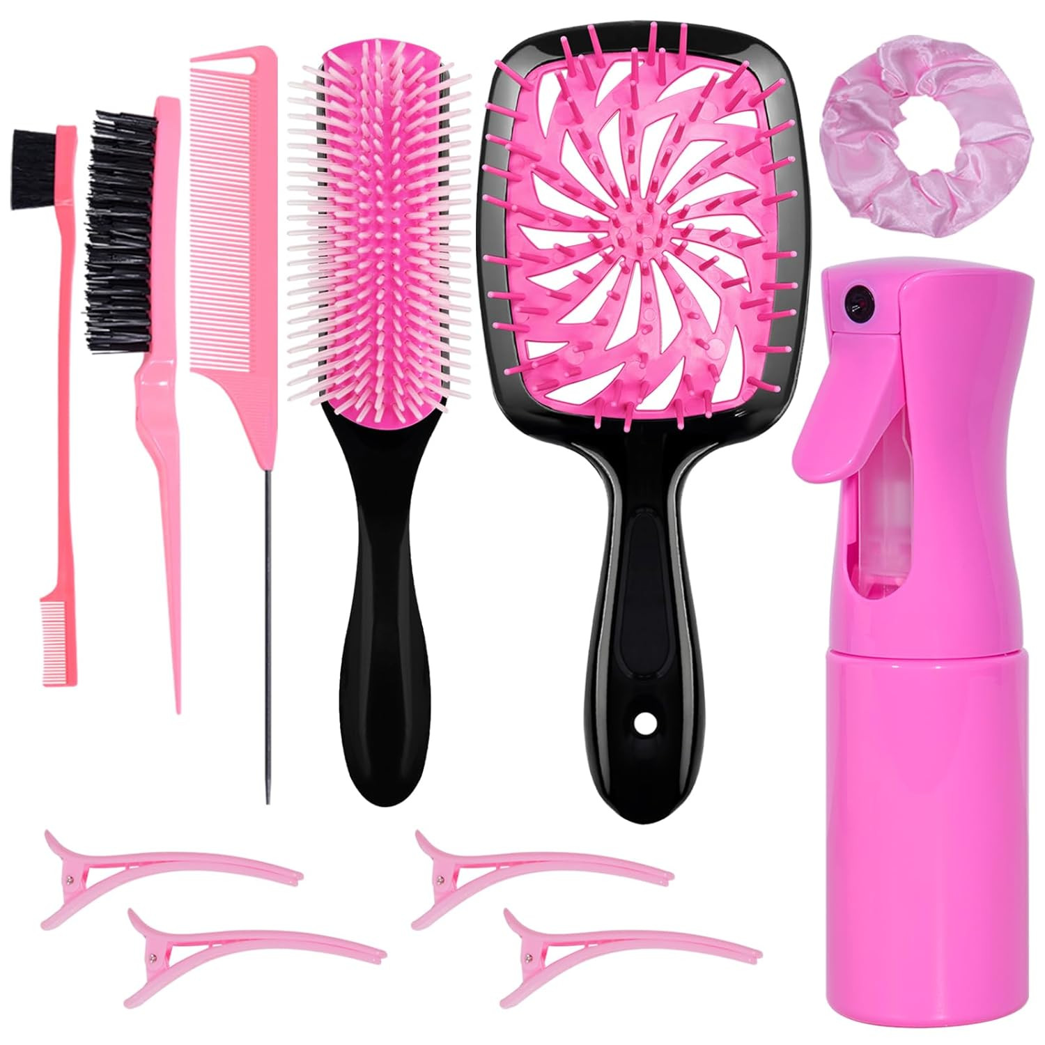 11-Piece Hair Brush Set with Detangling Brush and Hair Spray Bottle, Pink | Comp