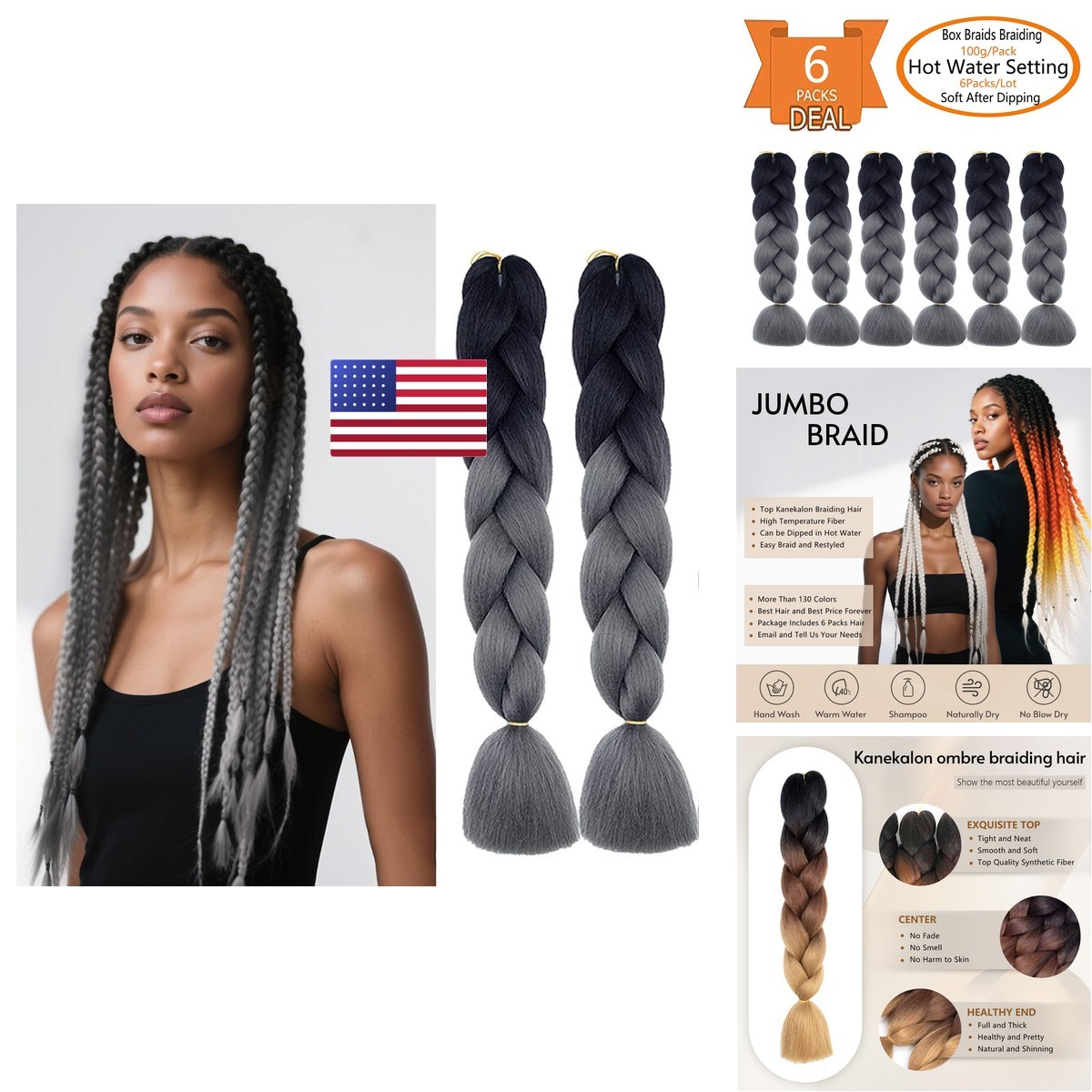 SHUOHAN 6 Packs Ombre Jumbo Braiding Hair Extensions 24 Inch Black to Dark Gray