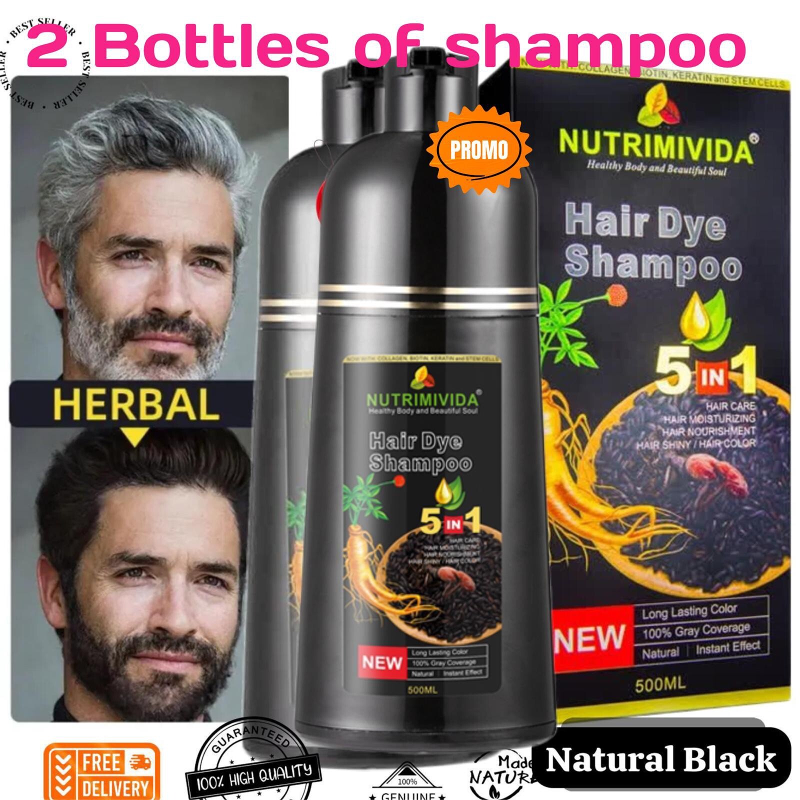 2 Bottles of Natural Black Hair Dye Shampoo 5 in 1 Cubre Canas ☀️☀️☀️☀️☀️
