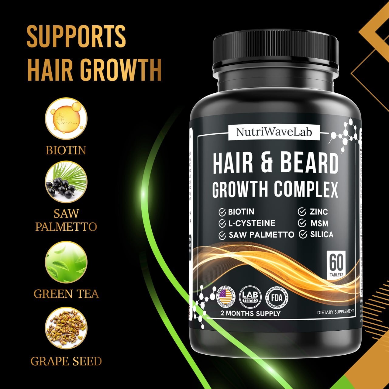 Hair Growth Vitamins For Men – Anti Hair Loss Pills. Regrow Hair & Beard.60days