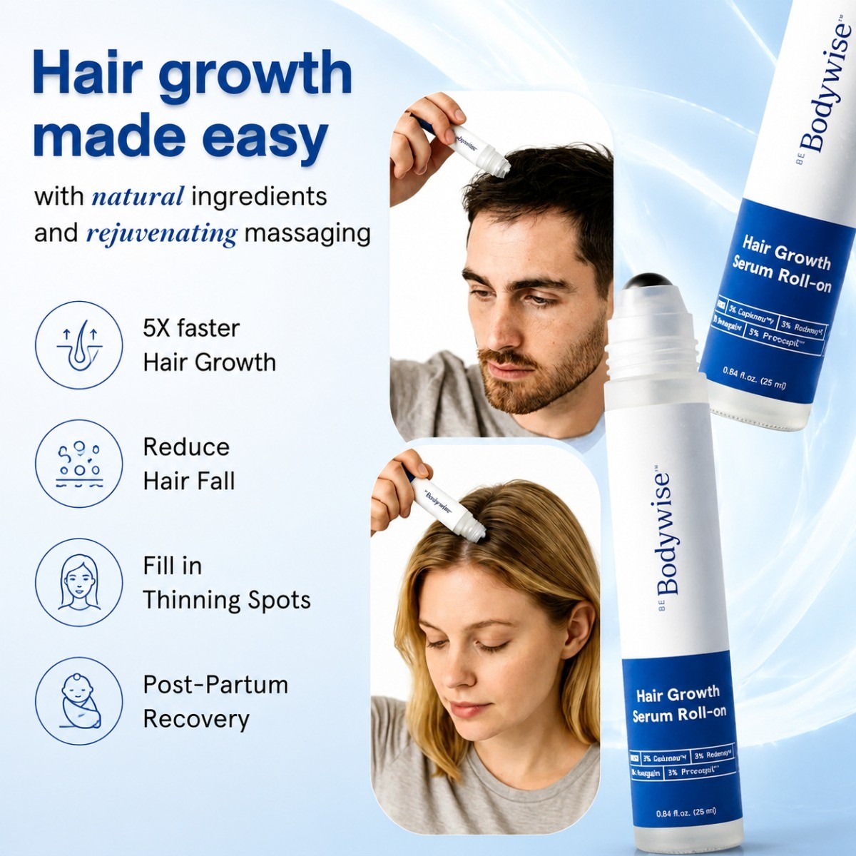 Be Bodywise Hair Growth Roll-On Serum Rosemary Redensyl Anti Hair Loss Scalp Oil