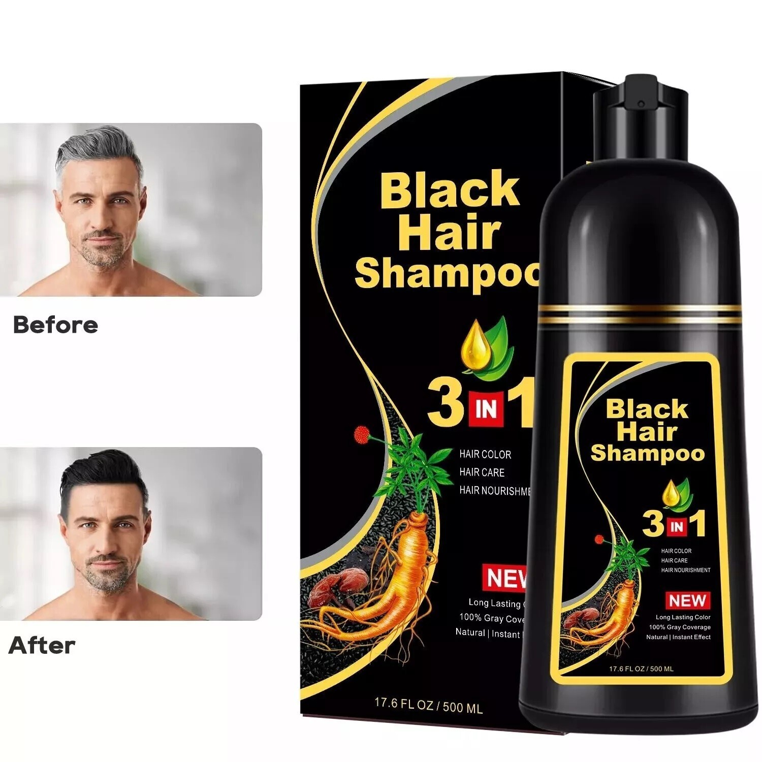 Black Hair Dye Shampoo 3 in 1 for Women/Men for Gray Coverage Instant Hair Color