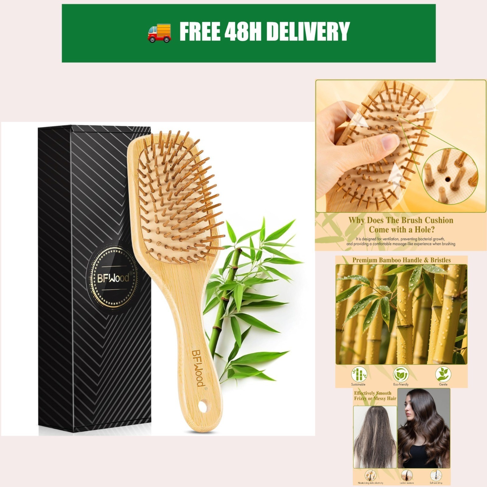 BFWood Bamboo Paddle Hair Brush Detangling Scalp Massage Anti-Static